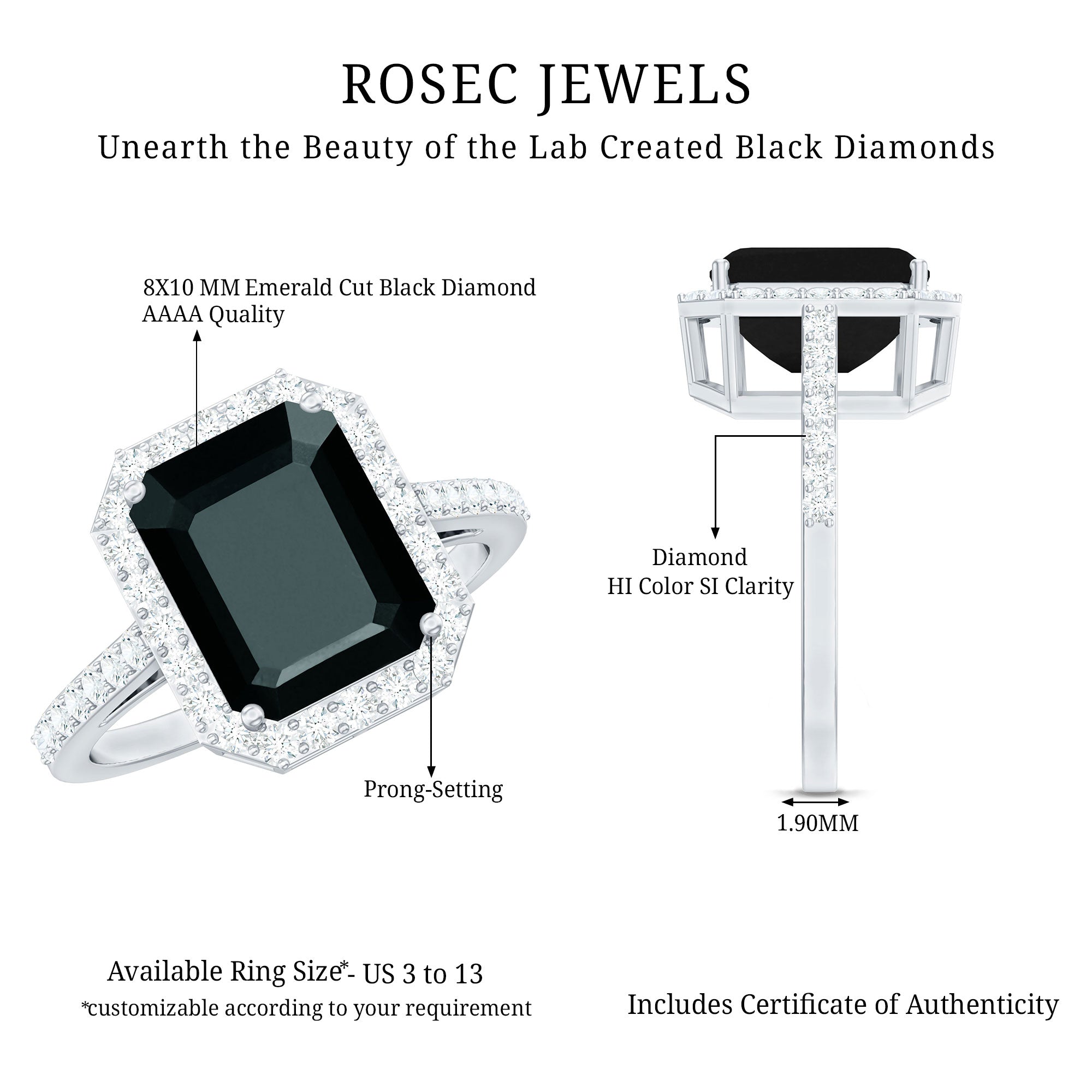 3.4 Carat Lab Grown Black Diamond Emerald Cut Engagement Ring with White Diamond Halo