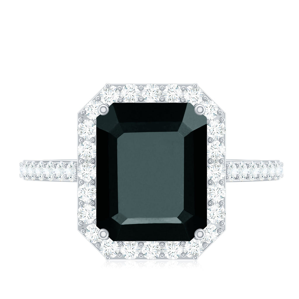 3.4 Carat Lab Grown Black Diamond Emerald Cut Engagement Ring with White Diamond Halo