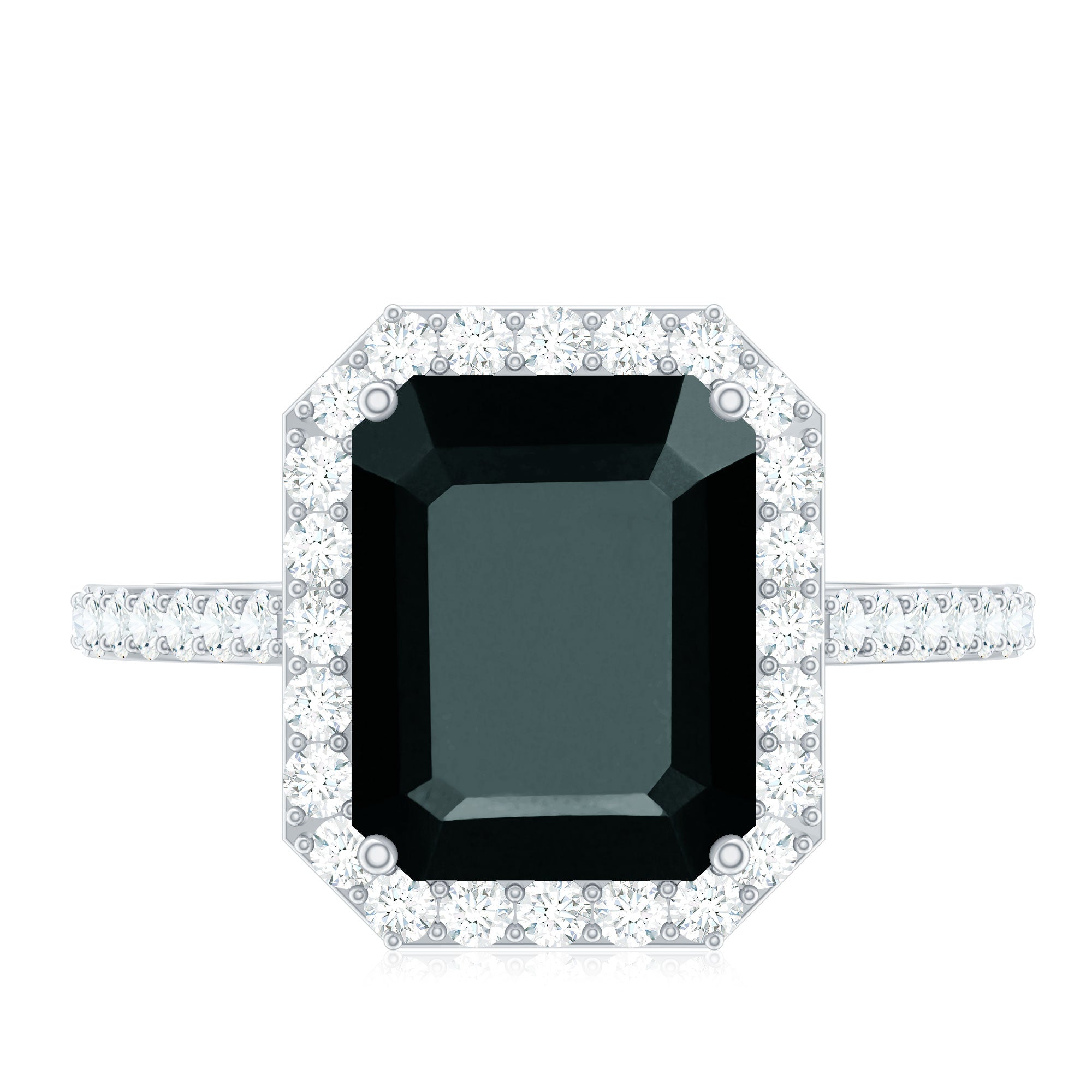 3.4 Carat Lab Grown Black Diamond Emerald Cut Engagement Ring with White Diamond Halo