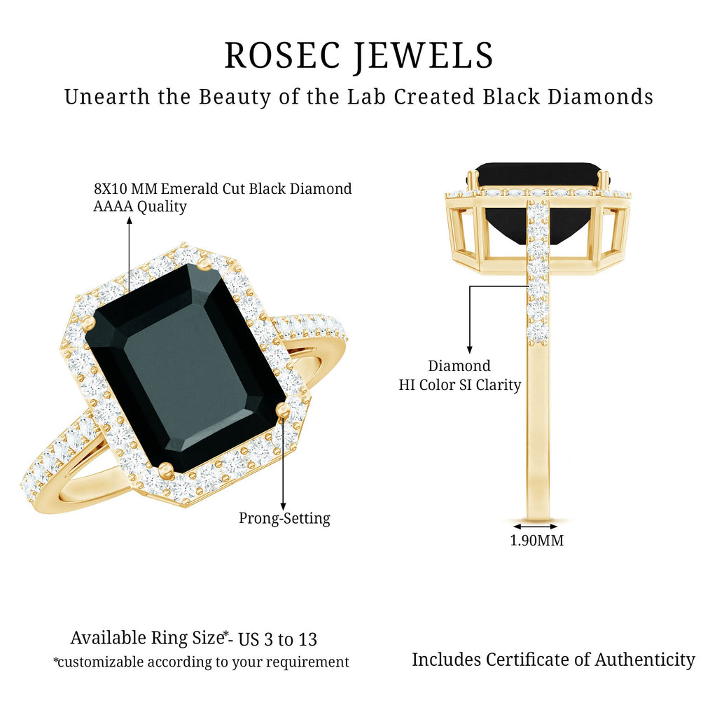 3.4 Carat Lab Grown Black Diamond Emerald Cut Engagement Ring with White Diamond Halo