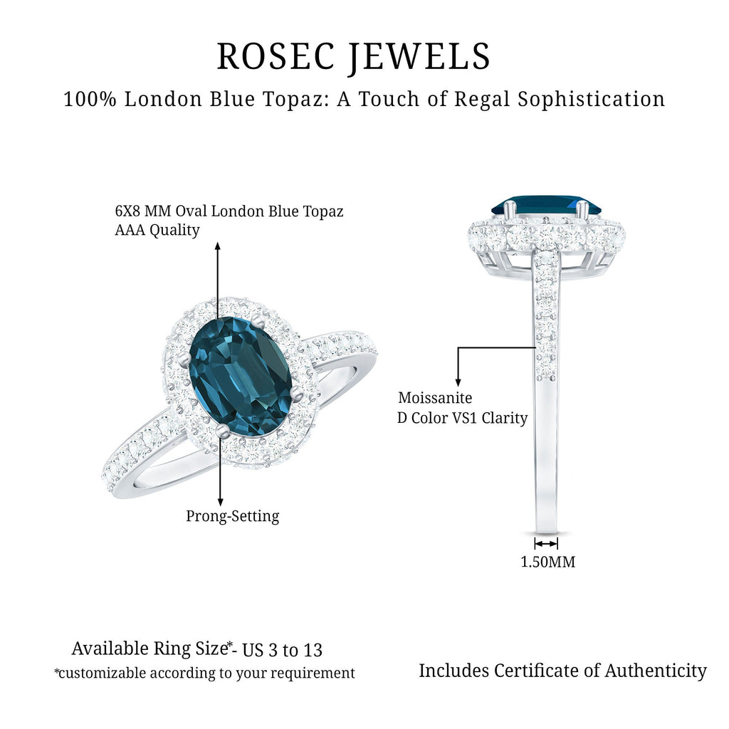 Genuine London Blue Topaz Classic Engagement Ring with Moissanite Halo
