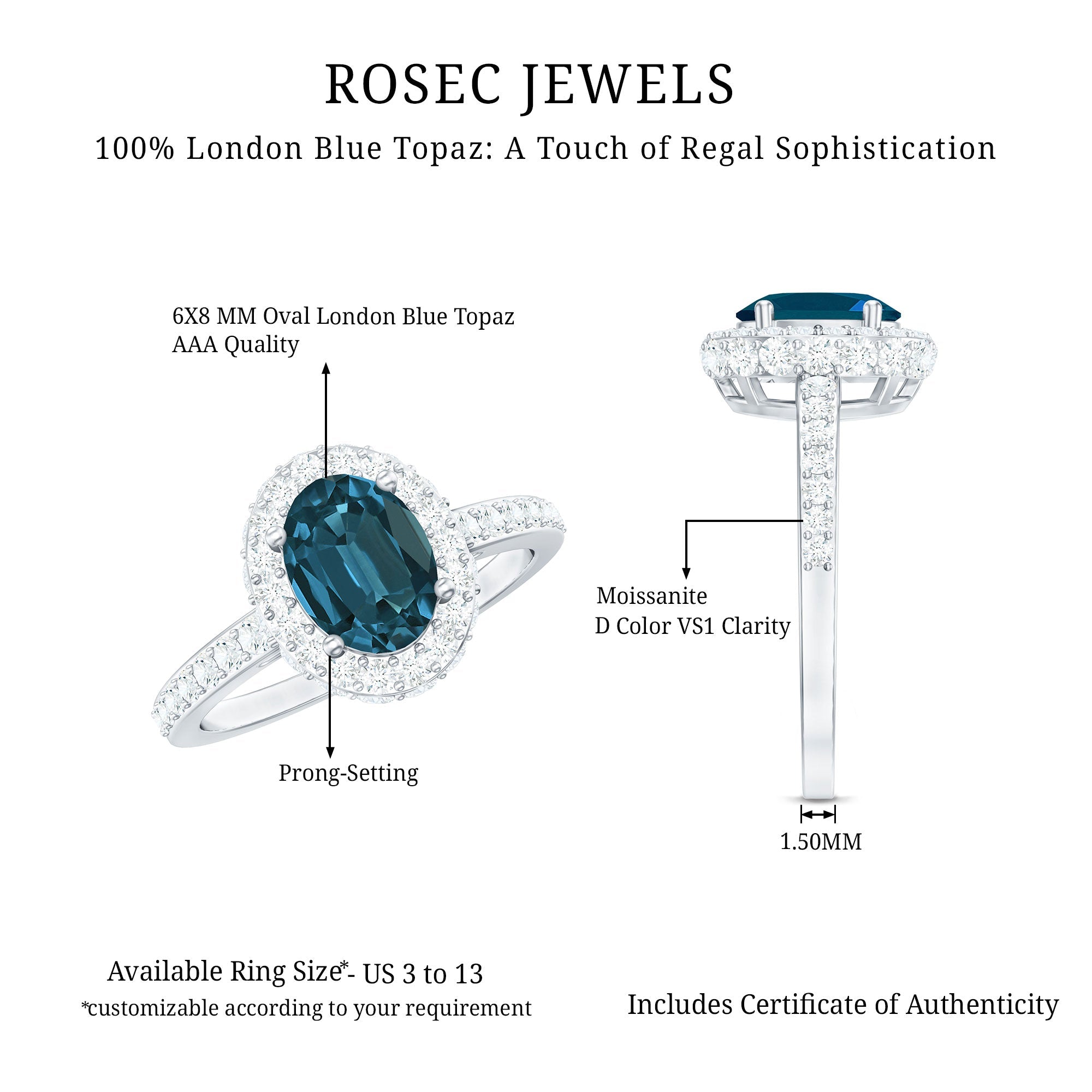 Genuine London Blue Topaz Classic Engagement Ring with Moissanite Halo