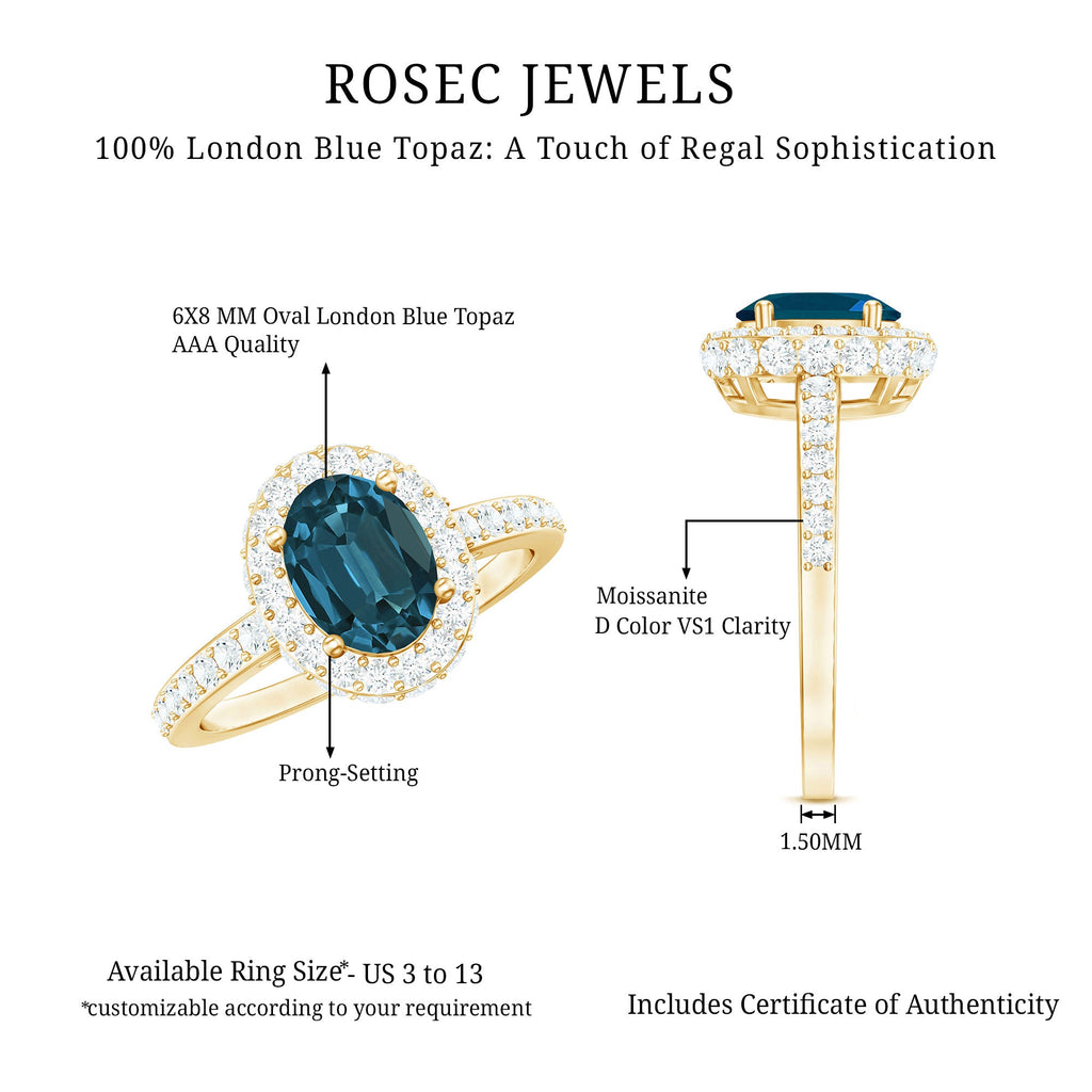 Genuine London Blue Topaz Classic Engagement Ring with Moissanite Halo