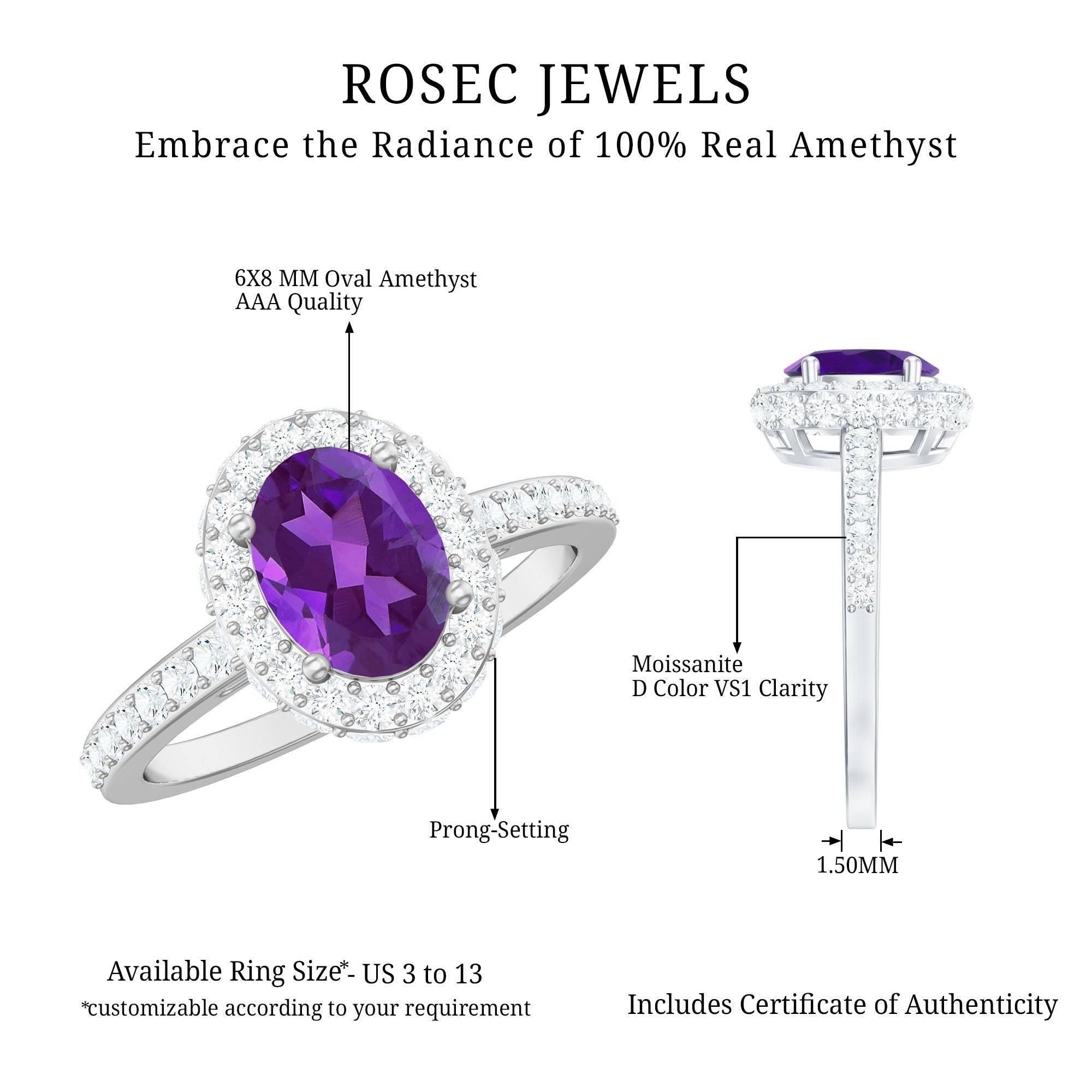Natural 1 Carat Amethyst Oval Engagement Ring with Moissanite Halo
