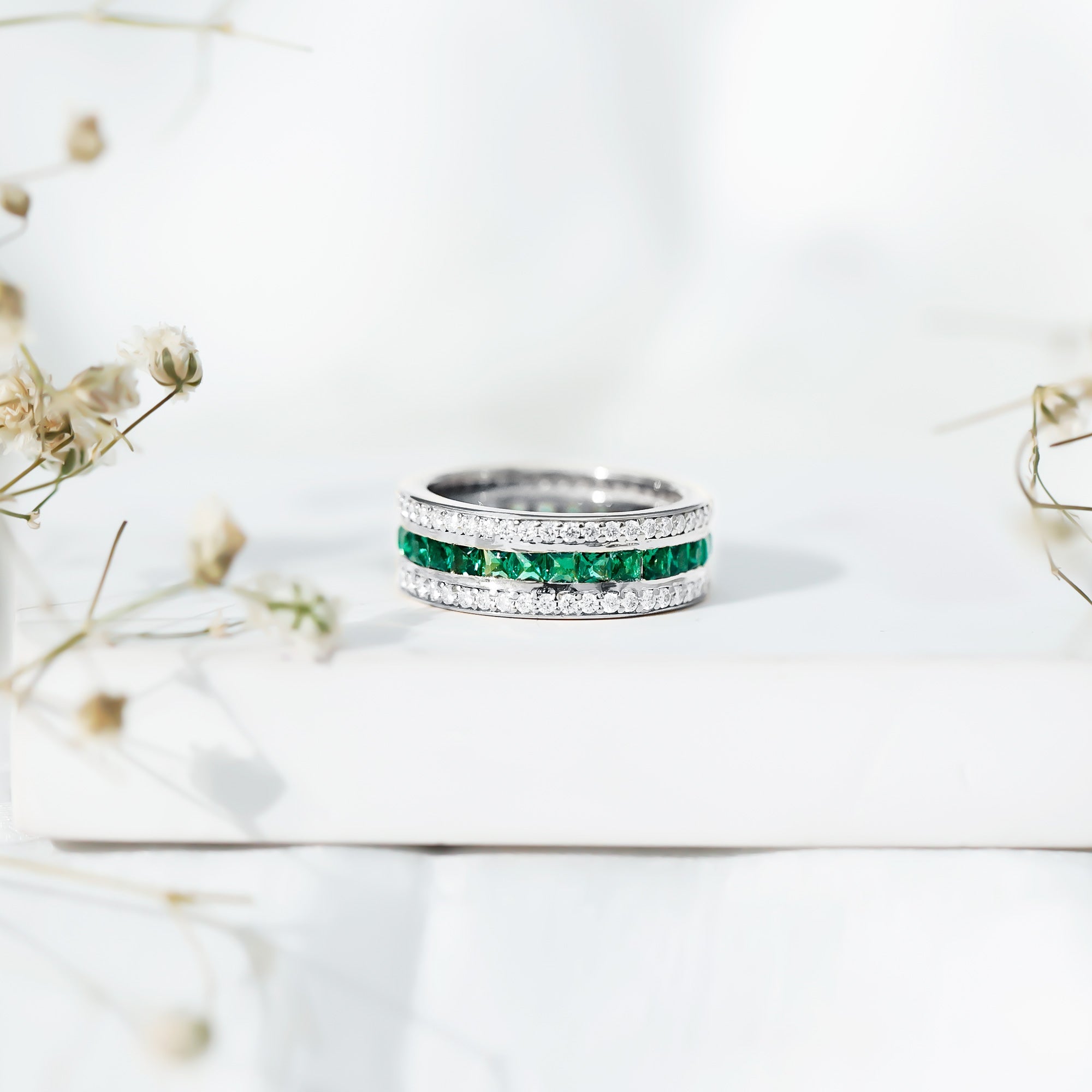 Certified Lab Grown Emerald 3 Row Eternity Wedding Band