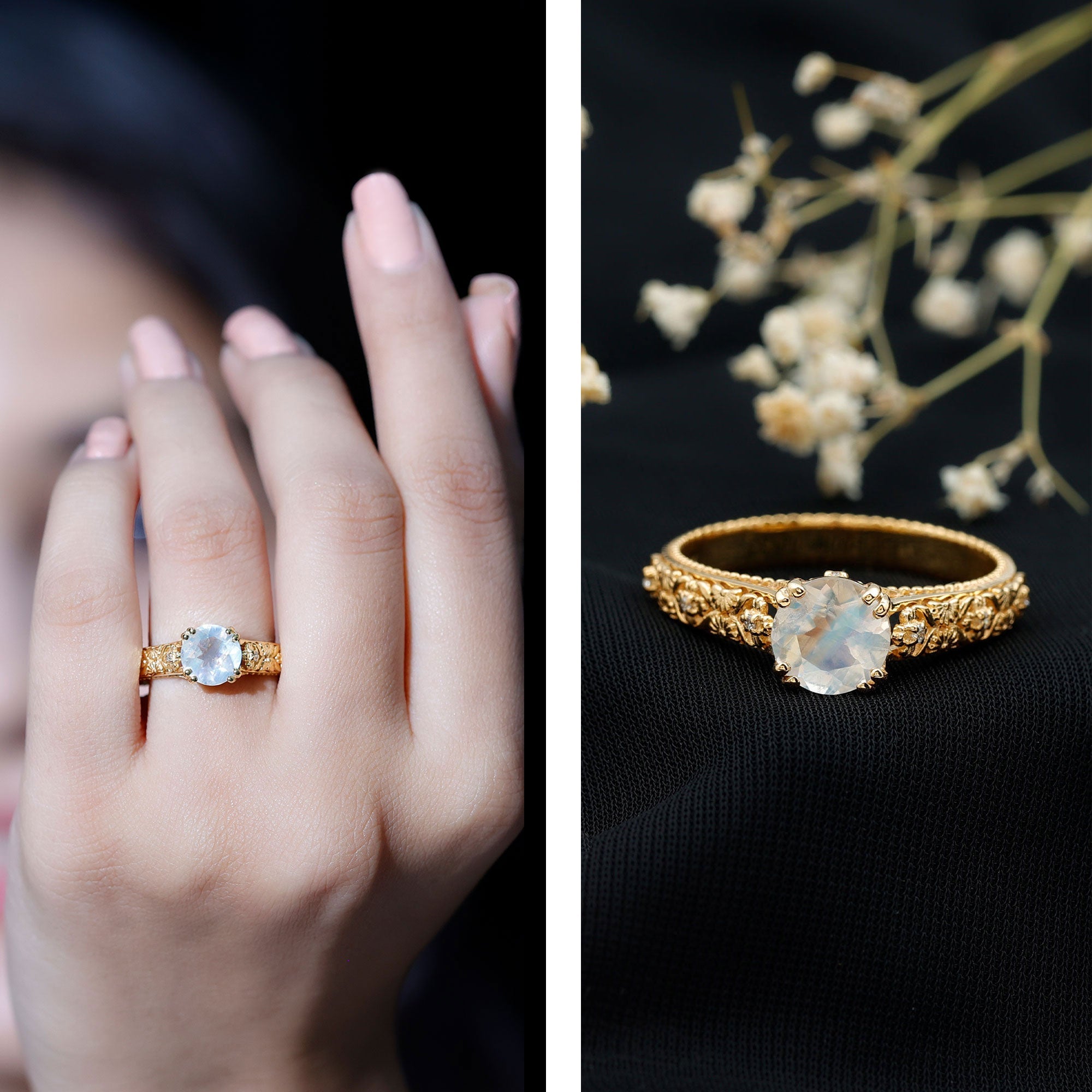 Vintage Style Moonstone and Diamond Flower Engagement Ring