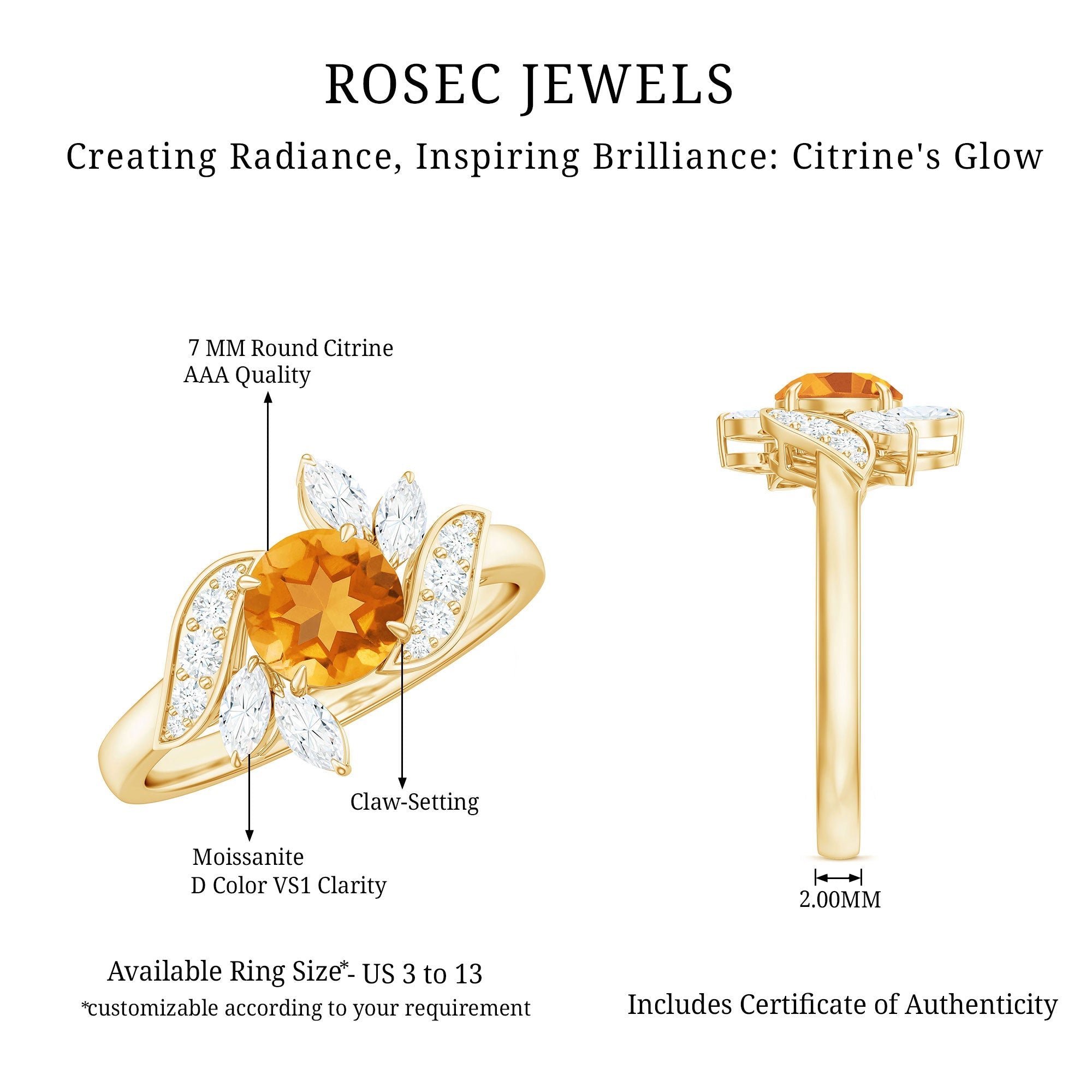 Certified Real 7mm Citrine Engagement Ring with Moissanite