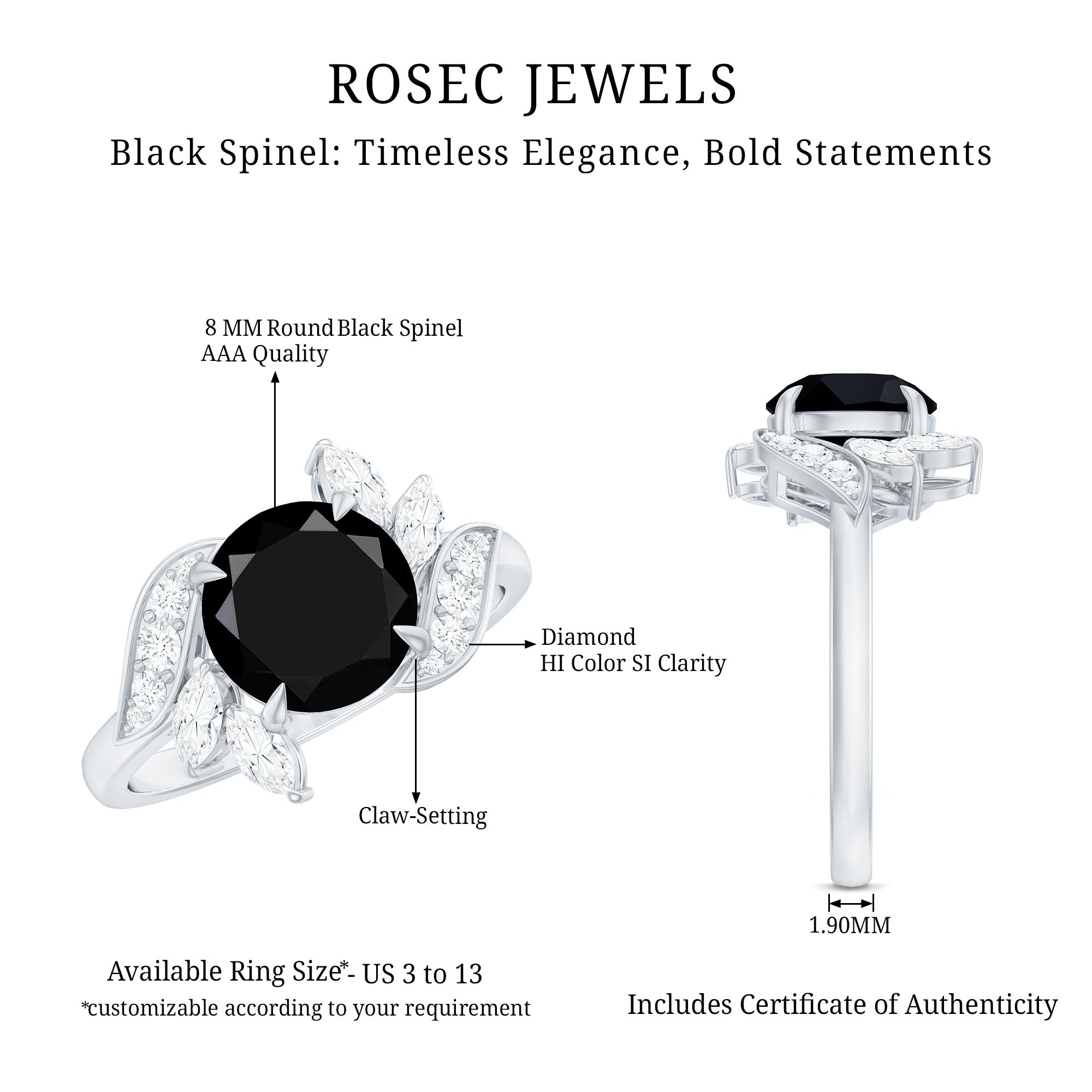 Nature Inspired Black Spinel Engagement Ring with Diamond