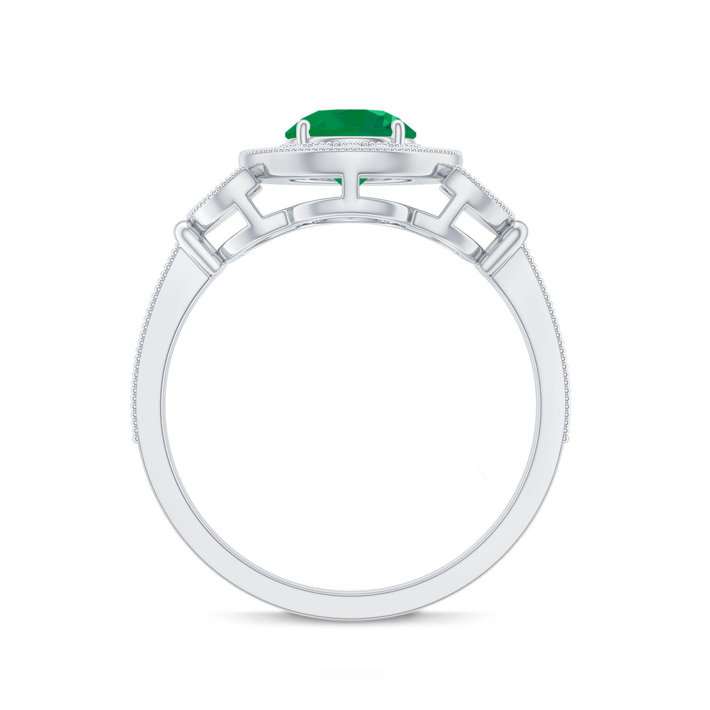 Vintage Style Emerald Engagement Ring with Diamond Halo