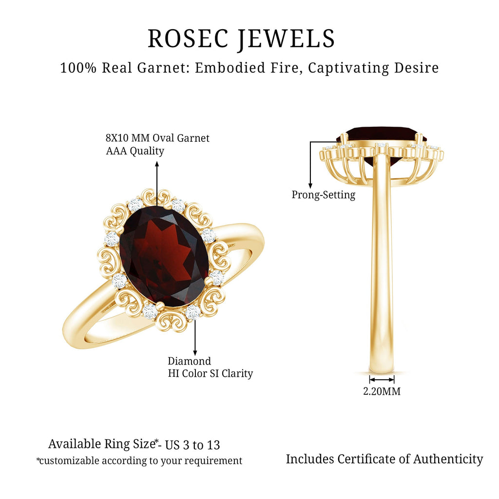 3.6 Natural Garnet Vintage Looking Engagement Ring with Diamond