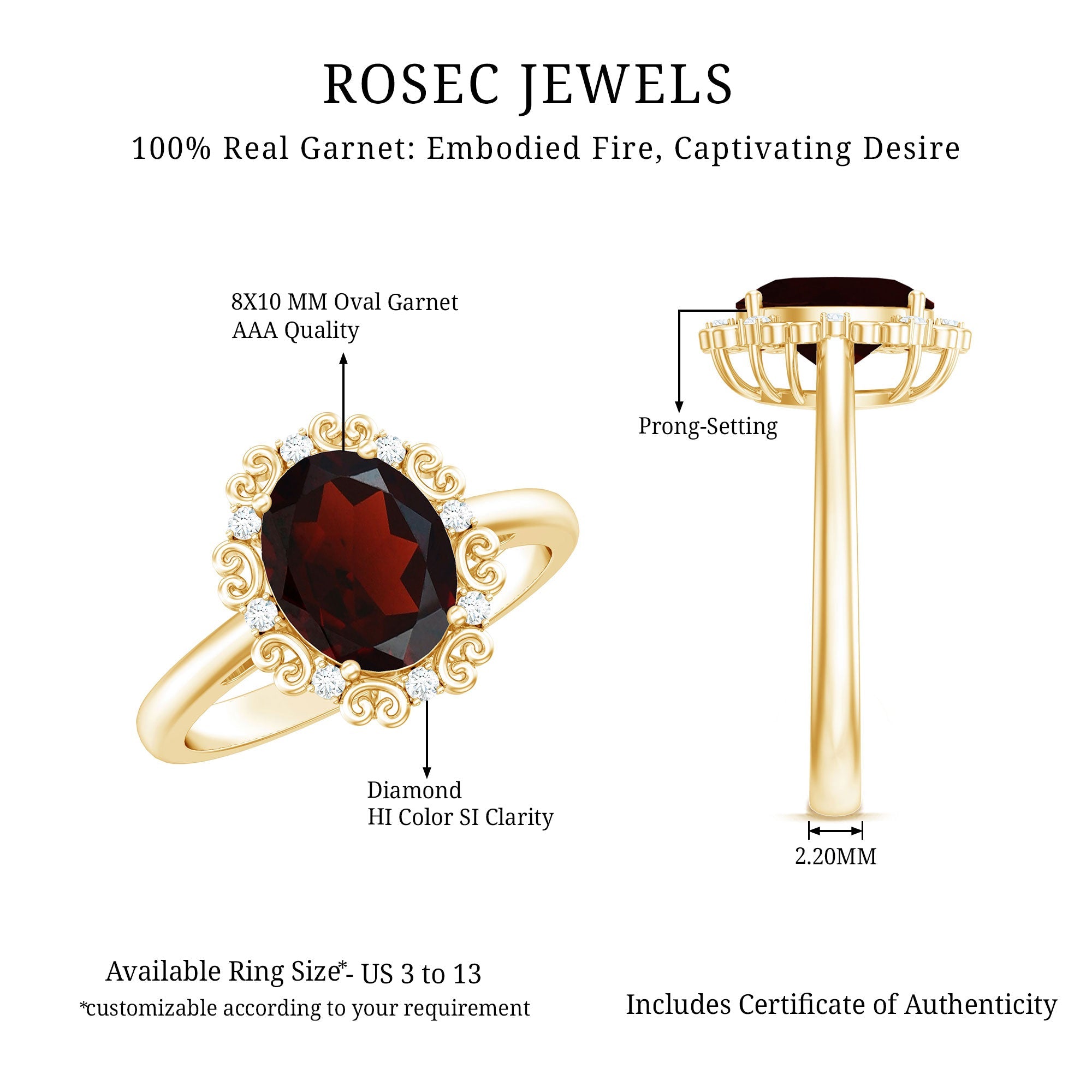 3.6 Natural Garnet Vintage Looking Engagement Ring with Diamond