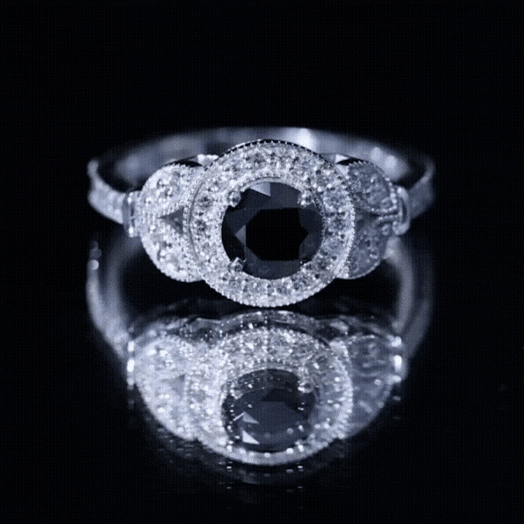 8mm Round Black Onyx Vintage Engagement Ring with Diamond Halo