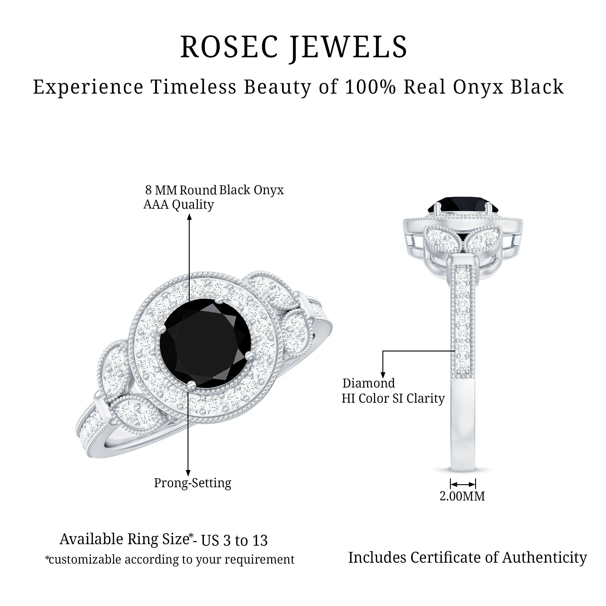 8mm Round Black Onyx Vintage Engagement Ring with Diamond Halo