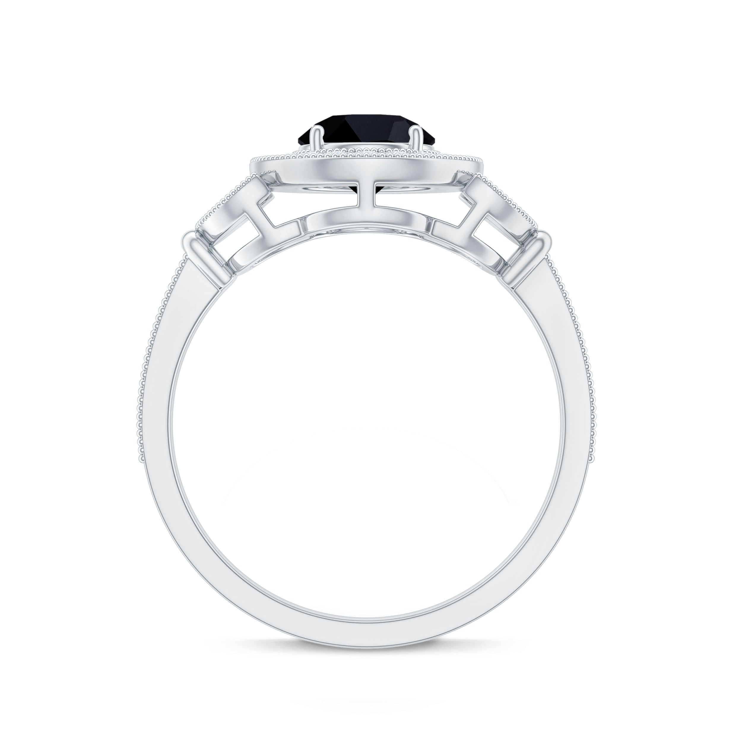 8mm Round Black Onyx Vintage Engagement Ring with Diamond Halo