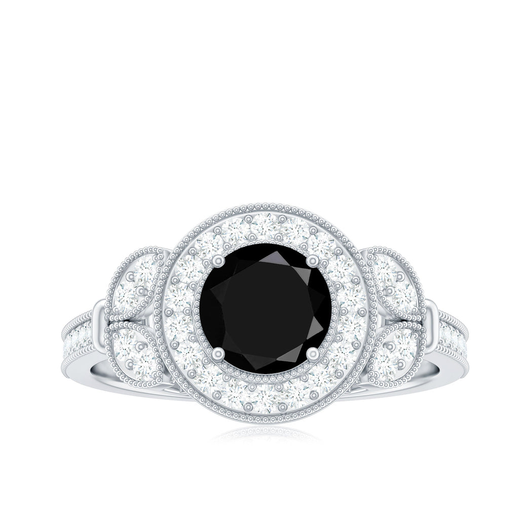 8mm Round Black Onyx Vintage Engagement Ring with Diamond Halo