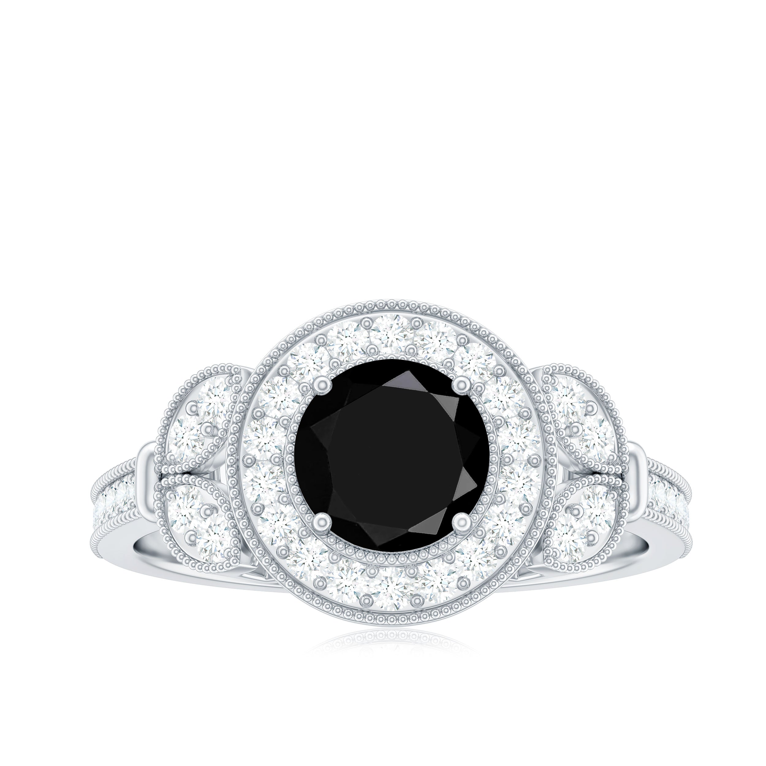 8mm Round Black Onyx Vintage Engagement Ring with Diamond Halo