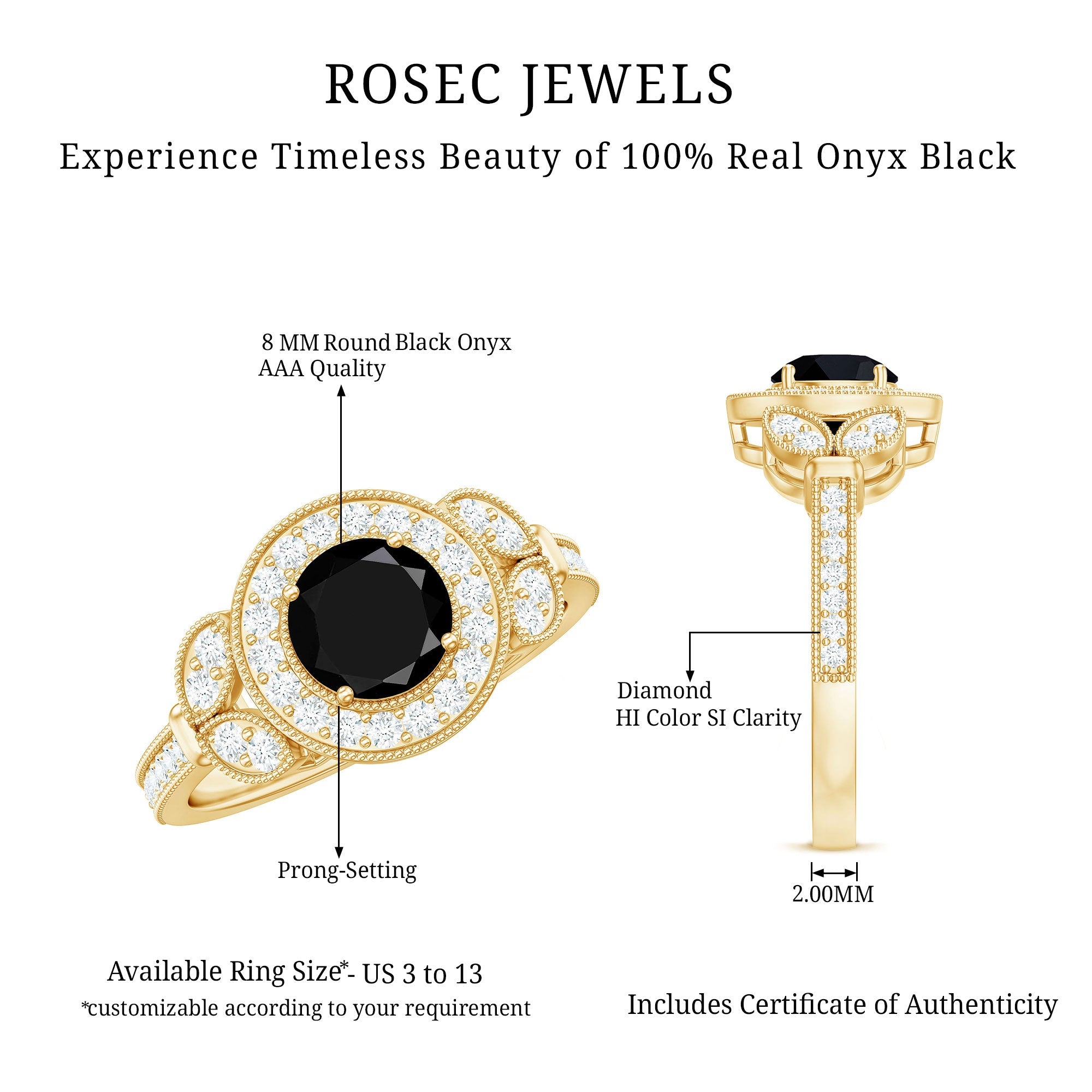 8mm Round Black Onyx Vintage Engagement Ring with Diamond Halo