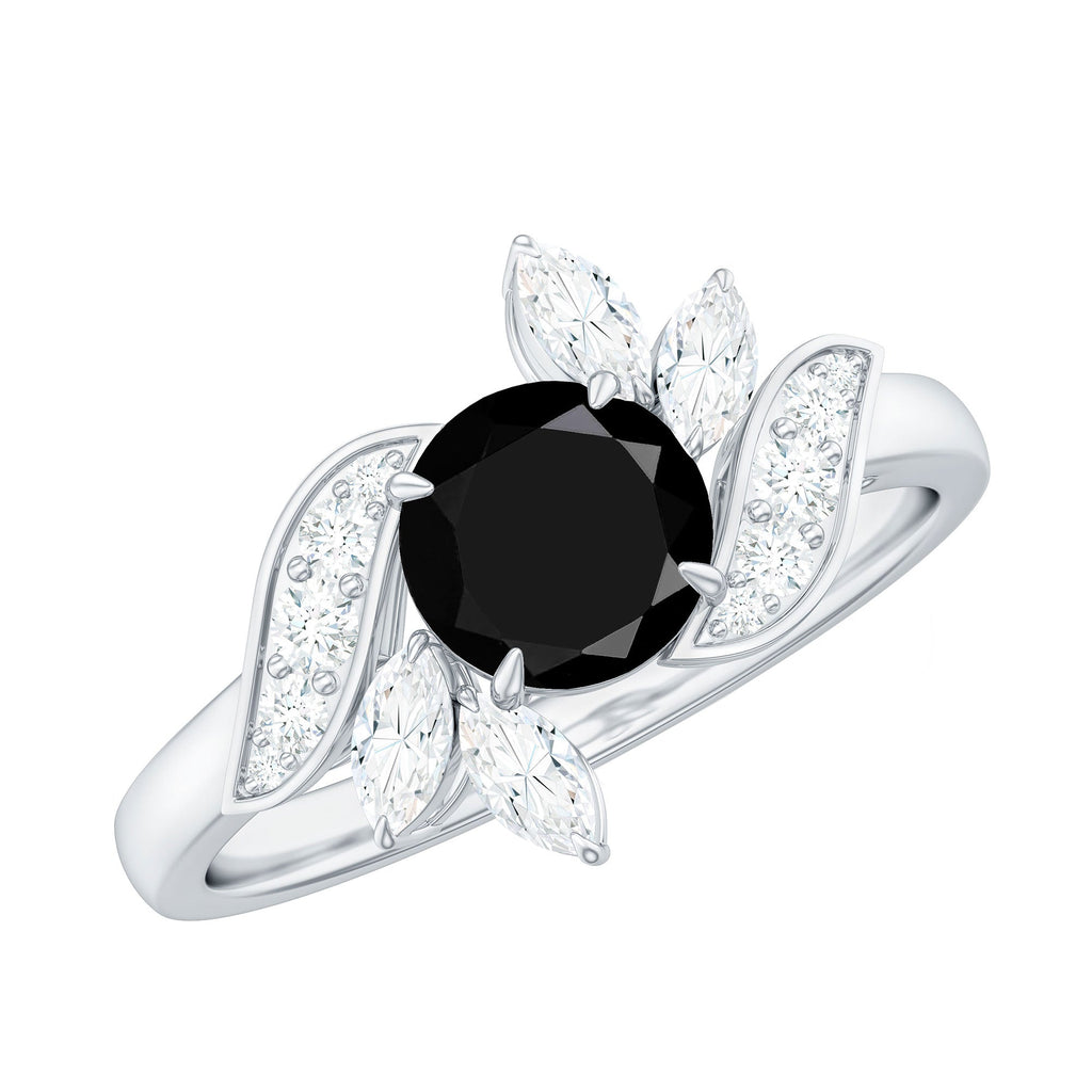 Genuine 2 Carat Round Black Onyx Floral Engagement Ring with Certificate