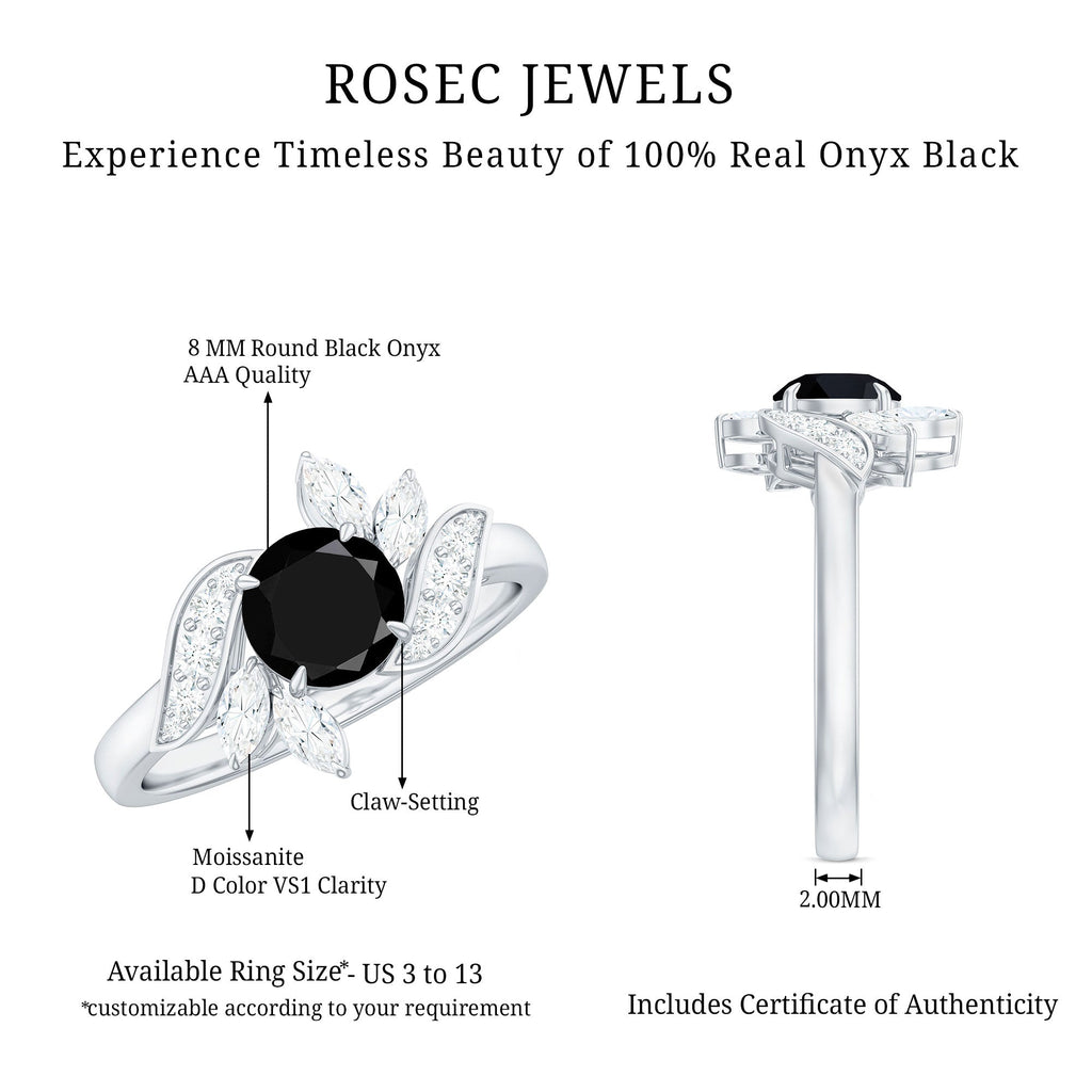 Genuine 2 Carat Round Black Onyx Floral Engagement Ring with Certificate