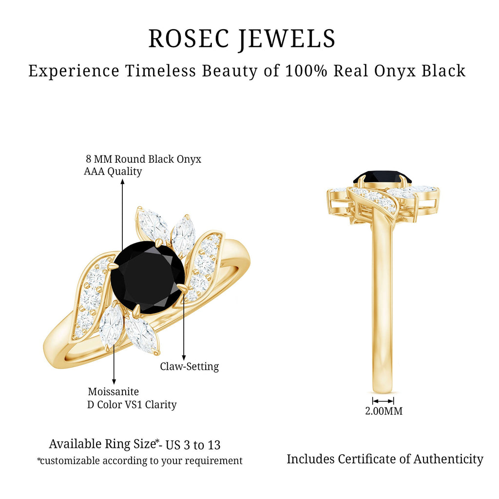Genuine 2 Carat Round Black Onyx Floral Engagement Ring with Certificate