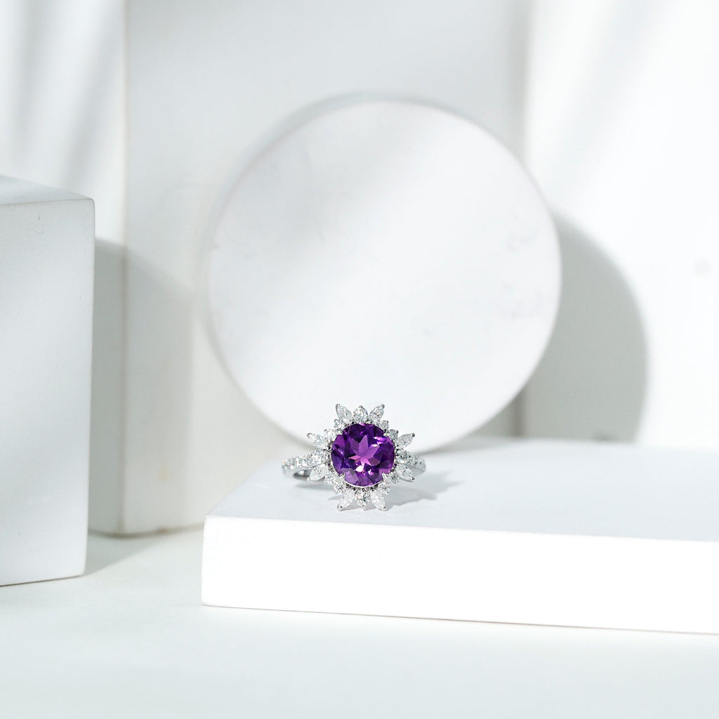 Natural 2 Carat Amethyst Statement Engagement Ring with Moissanite Halo