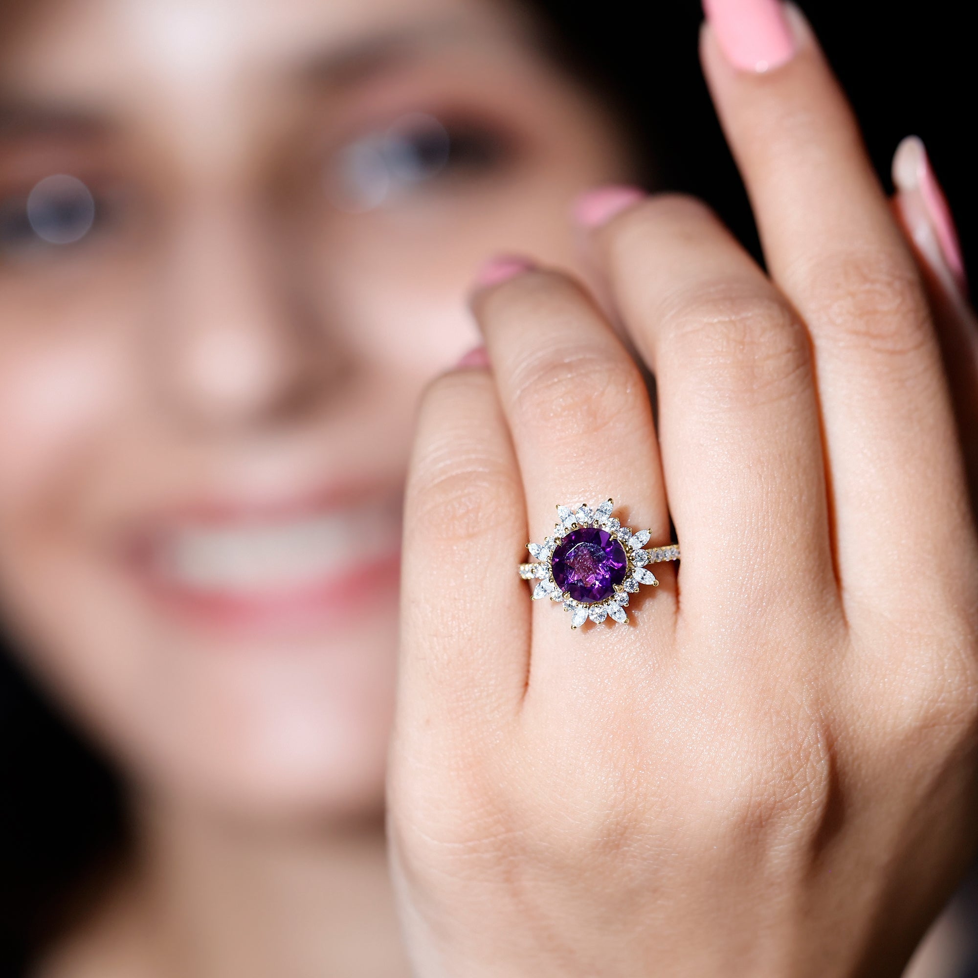 Natural 2 Carat Amethyst Statement Engagement Ring with Moissanite Halo