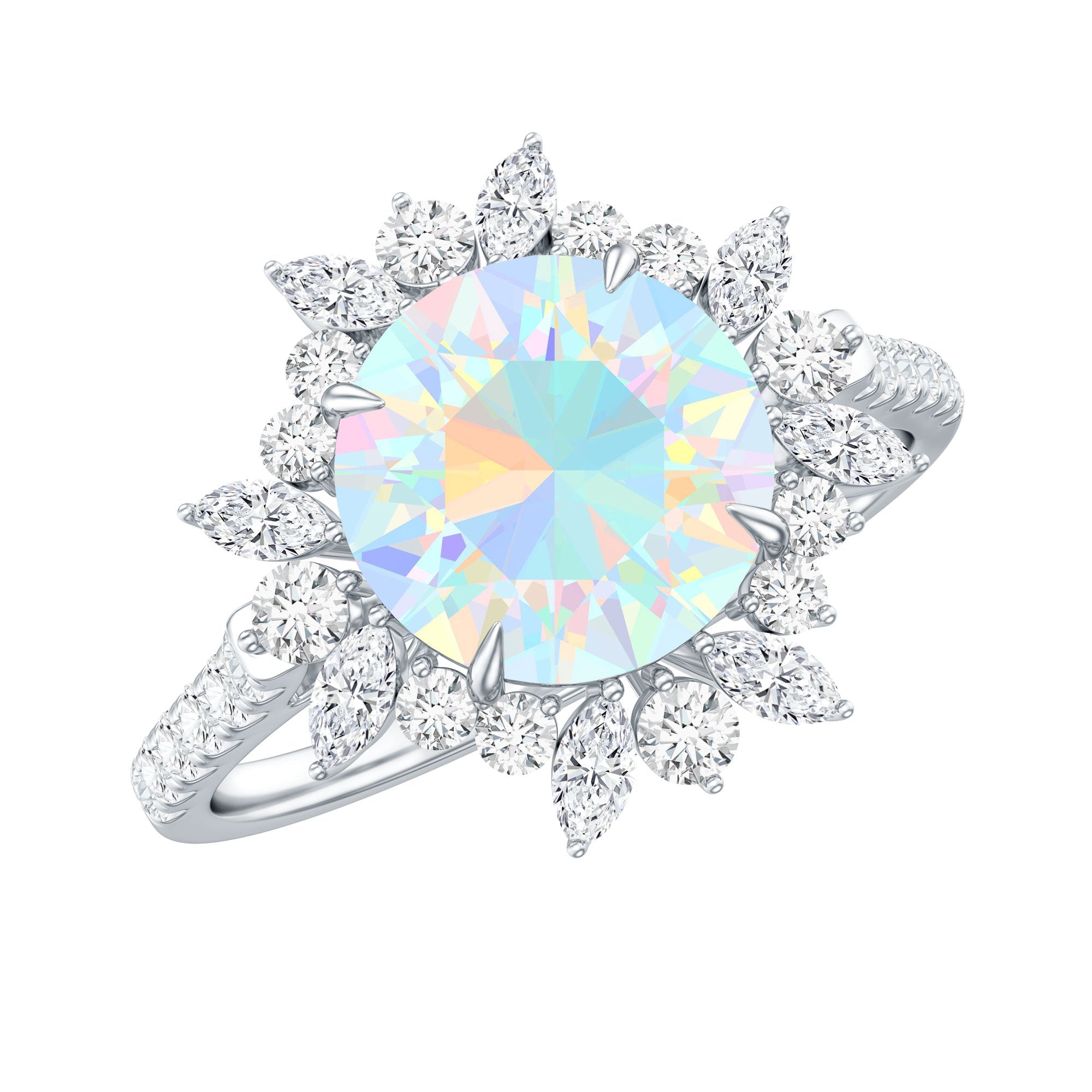 Natural 8mm Ethiopian Opal Halo Engagement Ring with Side Stones