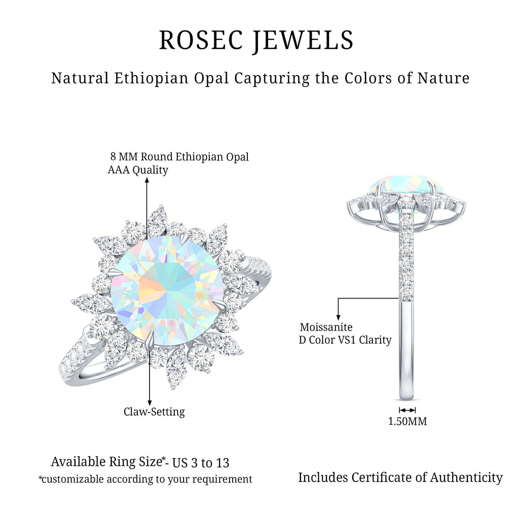 Natural 8mm Ethiopian Opal Halo Engagement Ring with Side Stones