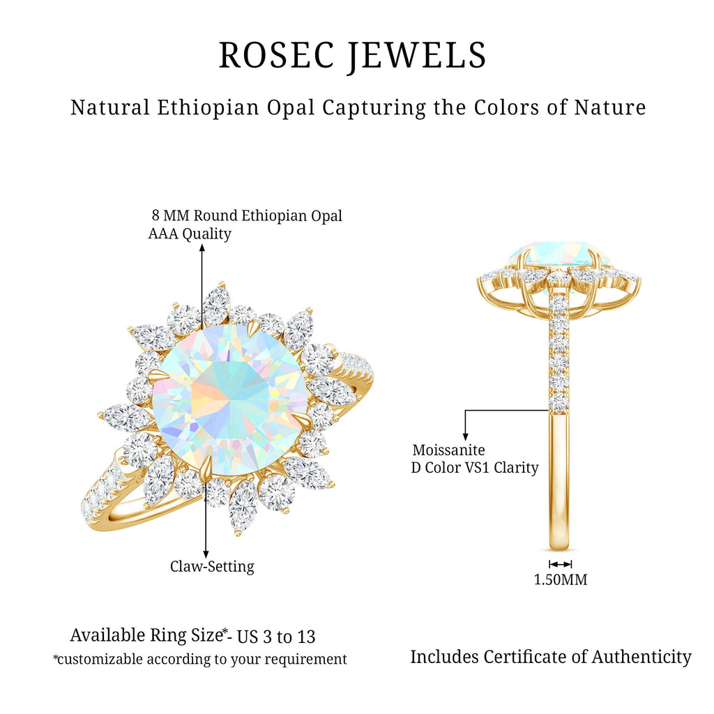 Natural 8mm Ethiopian Opal Halo Engagement Ring with Side Stones