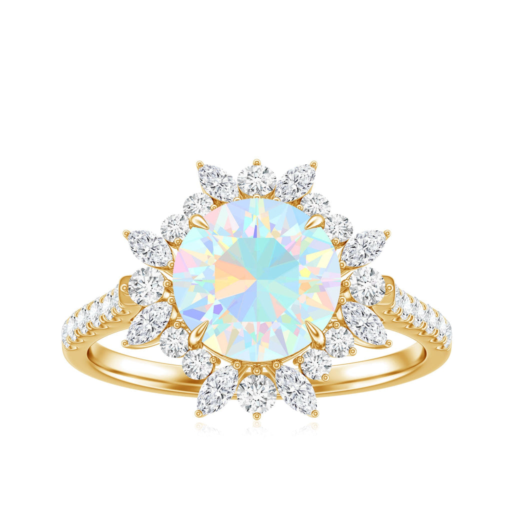 Natural 8mm Ethiopian Opal Halo Engagement Ring with Side Stones