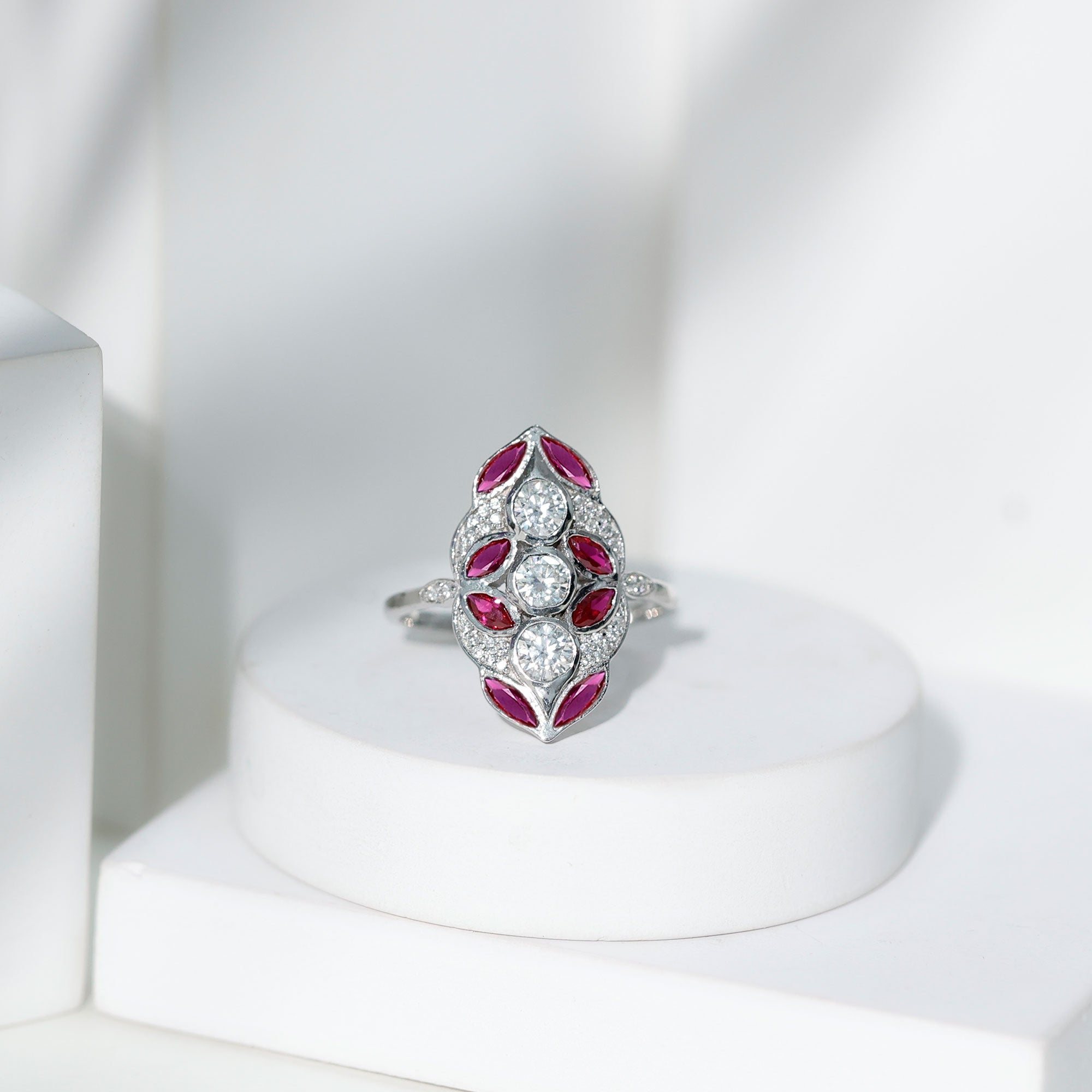 Certified Lab Grown Ruby Art Deco Statement Ring with Moissanite
