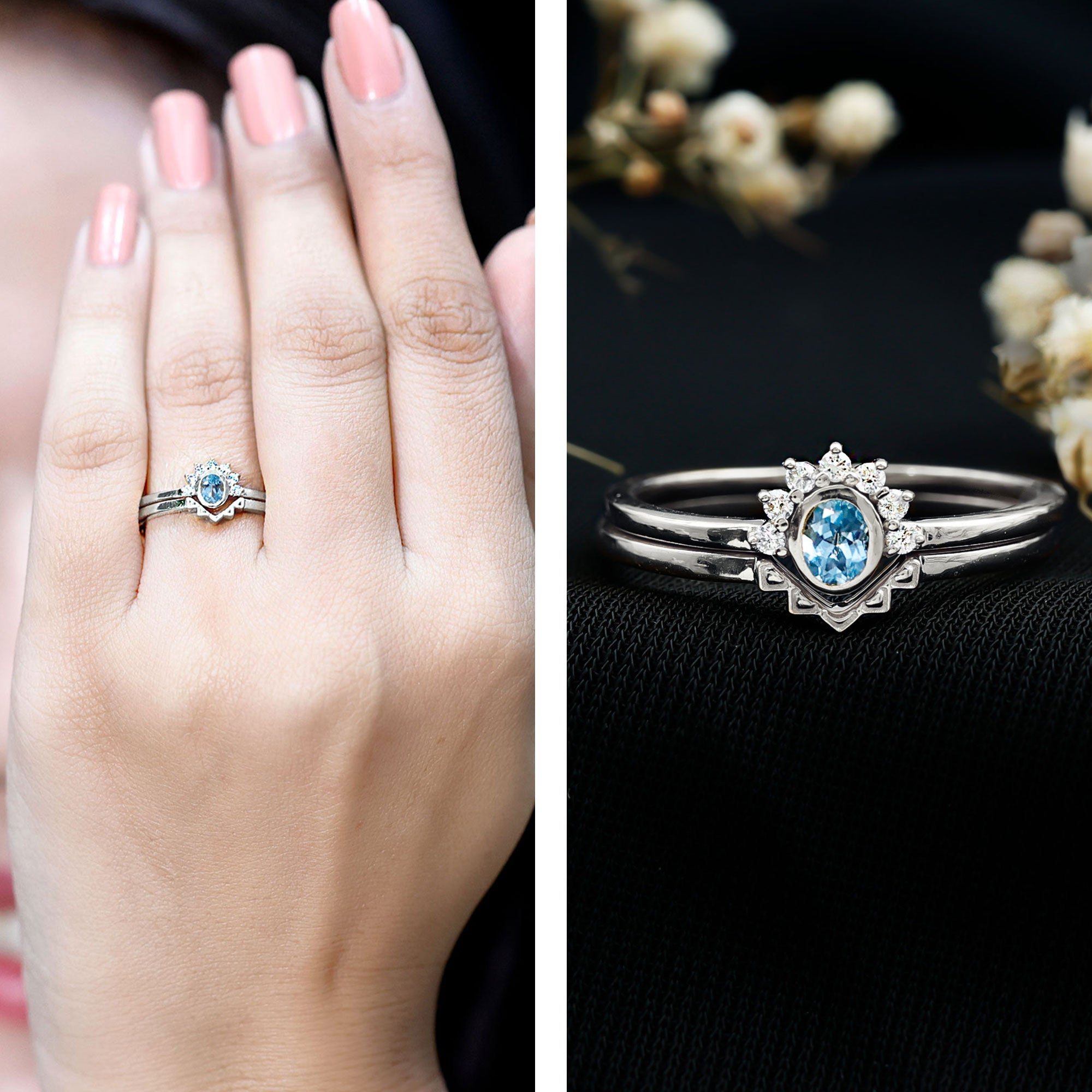 Natural Oval Cut Aquamarine Wedding Ring Set with Diamond Halo
