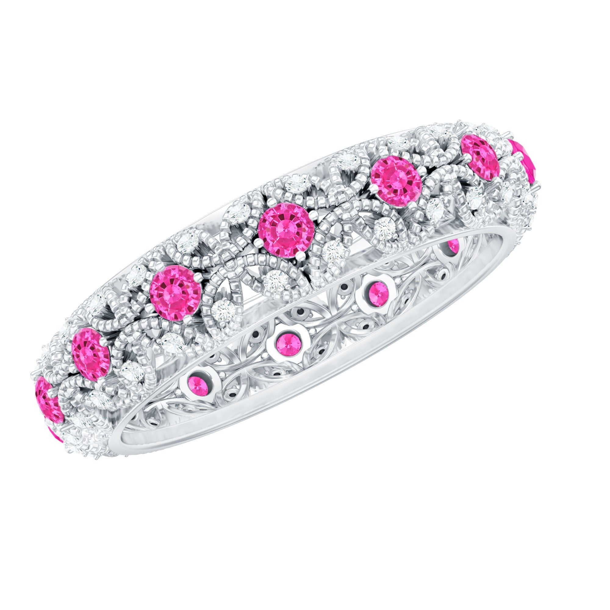 Vintage Inspired Lab Grown Pink Sapphire and Diamond Wedding Band