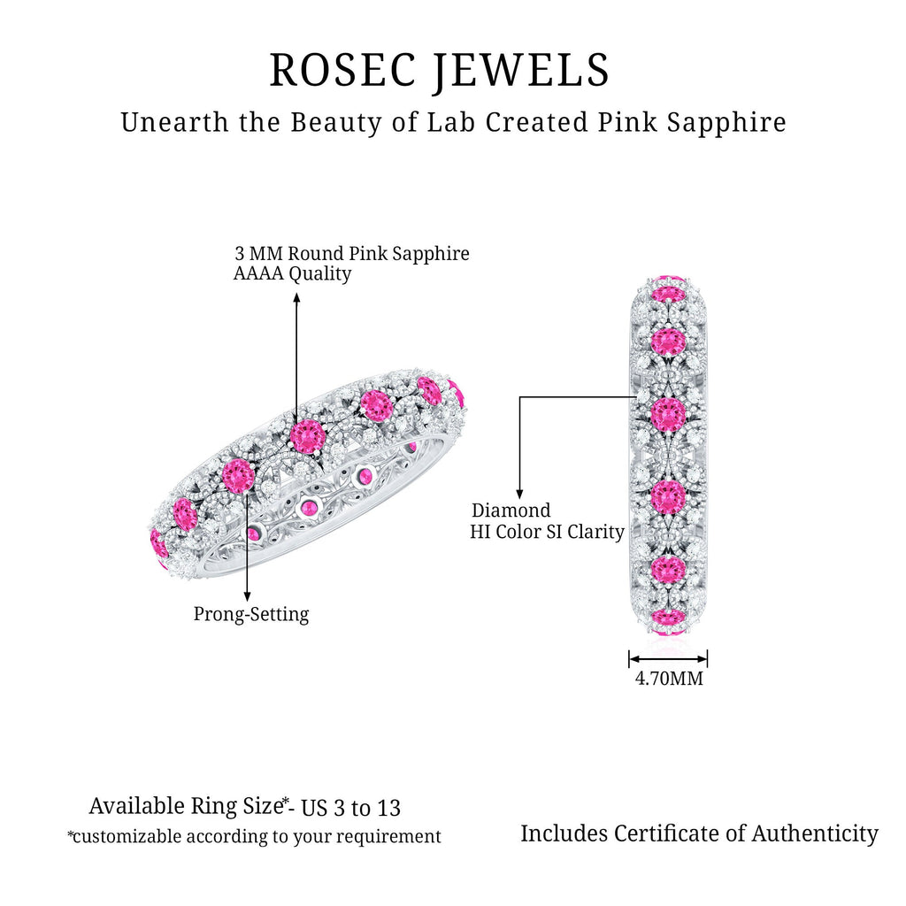 Vintage Inspired Lab Grown Pink Sapphire and Diamond Wedding Band