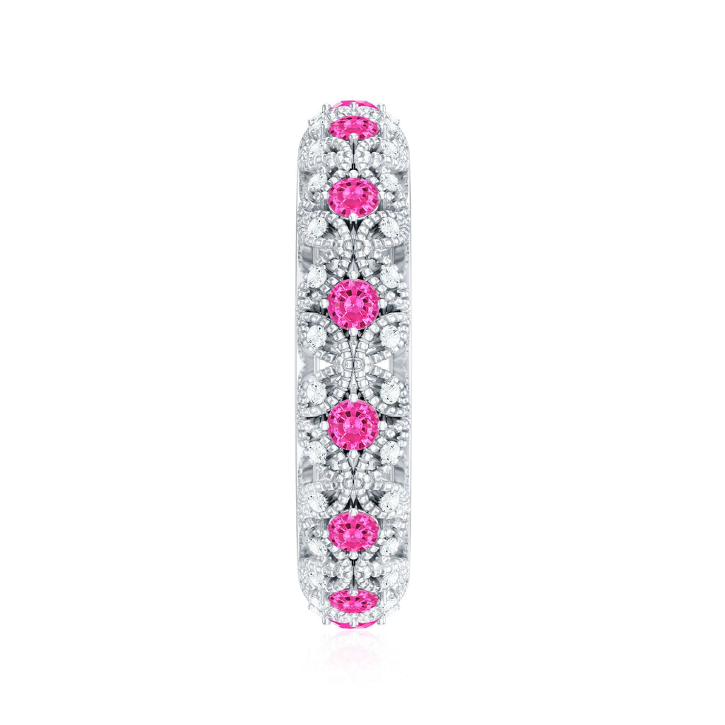 Vintage Inspired Lab Grown Pink Sapphire and Diamond Wedding Band