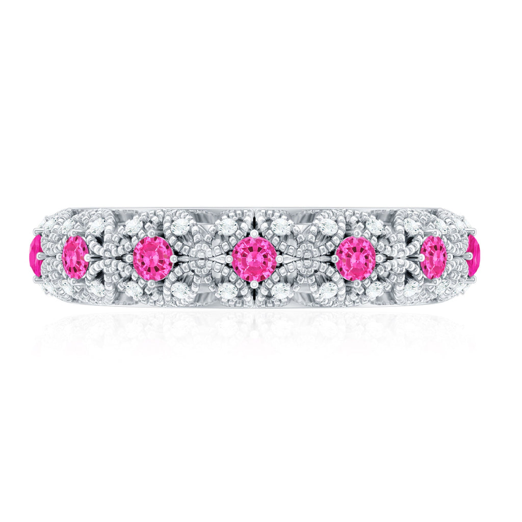 Vintage Inspired Lab Grown Pink Sapphire and Diamond Wedding Band