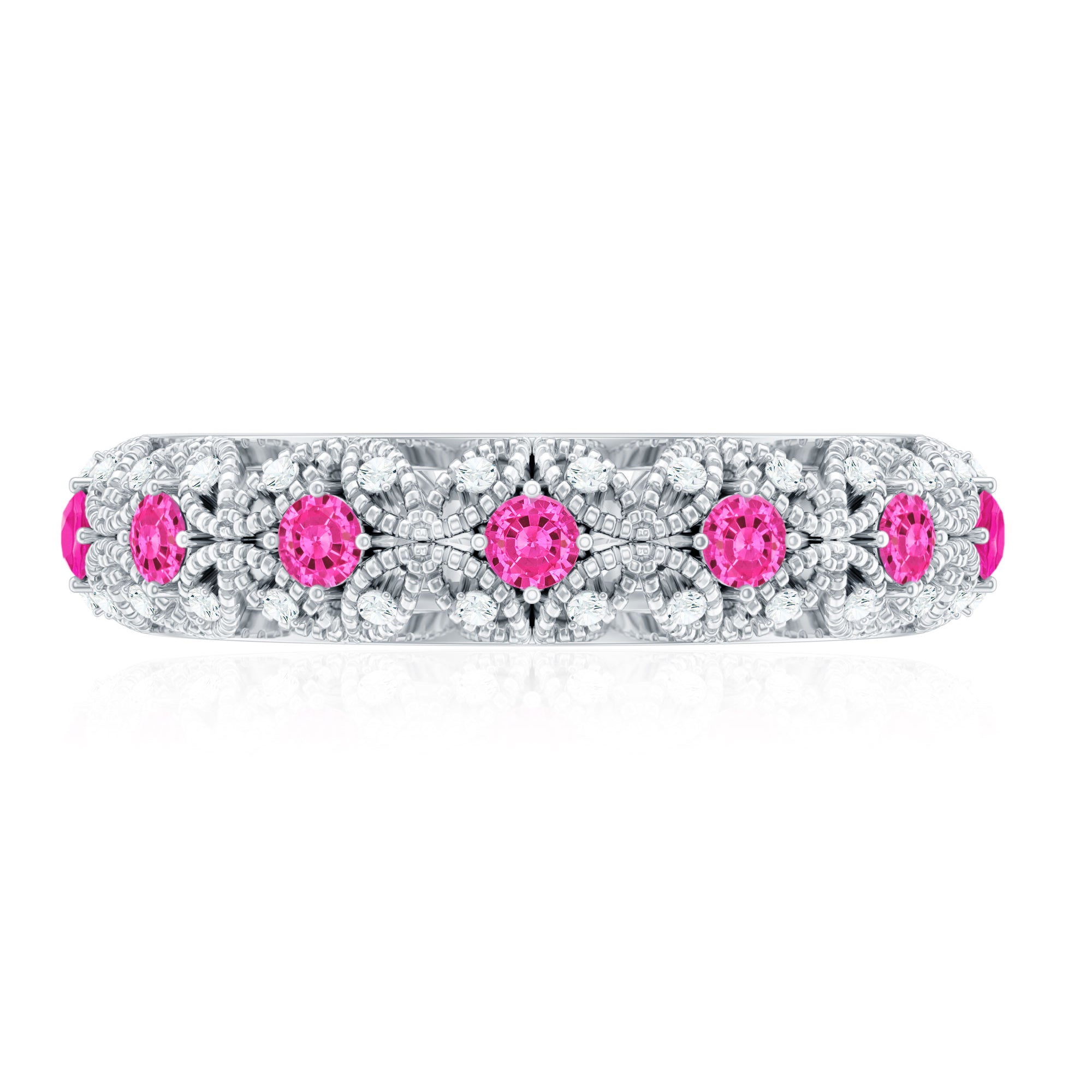 Vintage Inspired Lab Grown Pink Sapphire and Diamond Wedding Band