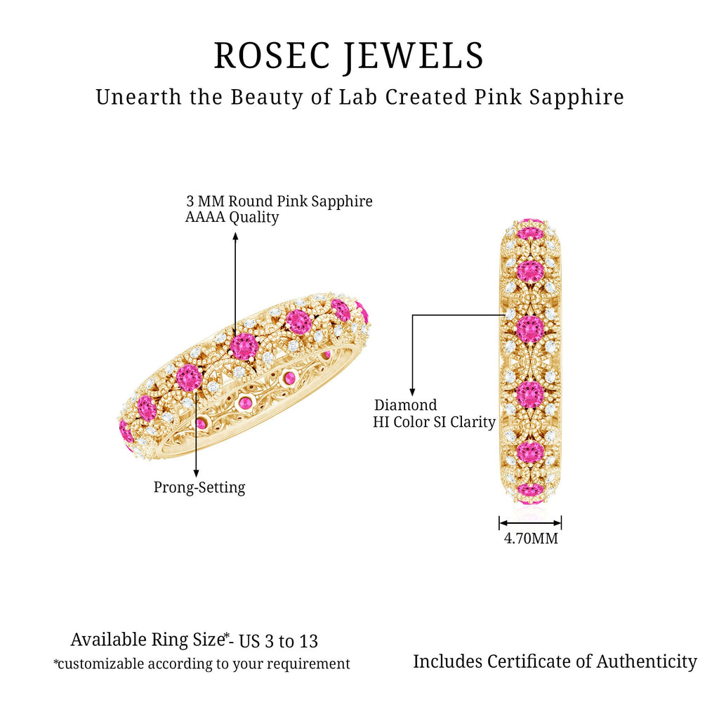 Vintage Inspired Lab Grown Pink Sapphire and Diamond Wedding Band