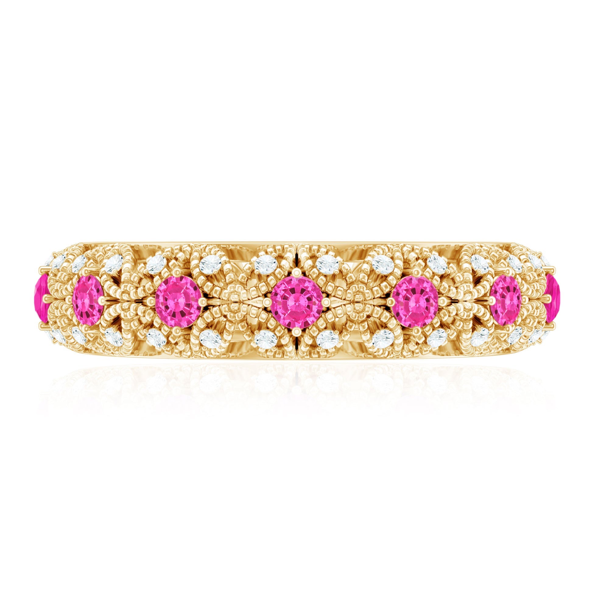 Vintage Inspired Lab Grown Pink Sapphire and Diamond Wedding Band