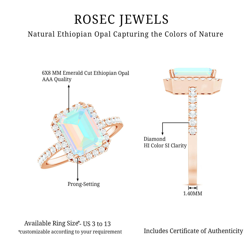 Genuine 6X8mm Ethiopian Opal Emerald Cut Engagement Ring with Diamond Halo