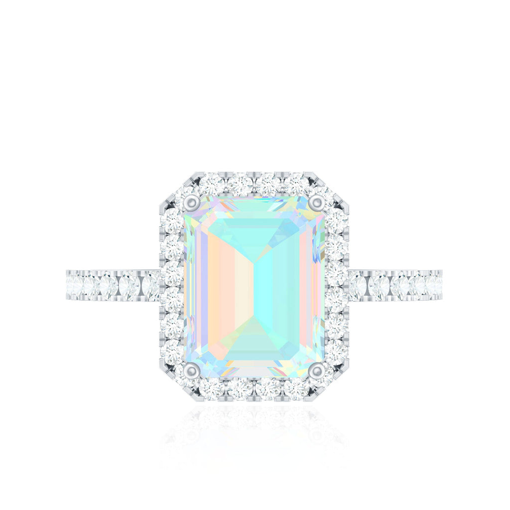 Genuine 6X8mm Ethiopian Opal Emerald Cut Engagement Ring with Diamond Halo