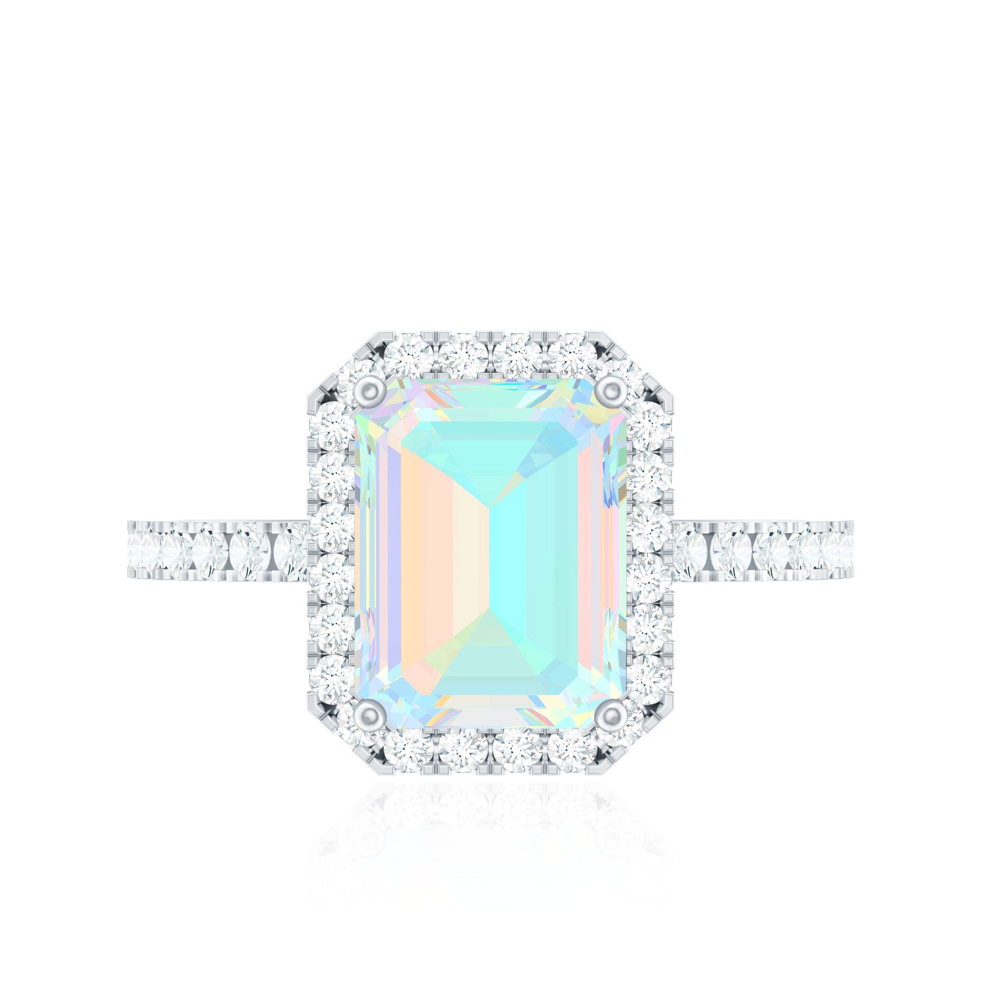 Genuine 6X8mm Ethiopian Opal Emerald Cut Engagement Ring with Diamond Halo