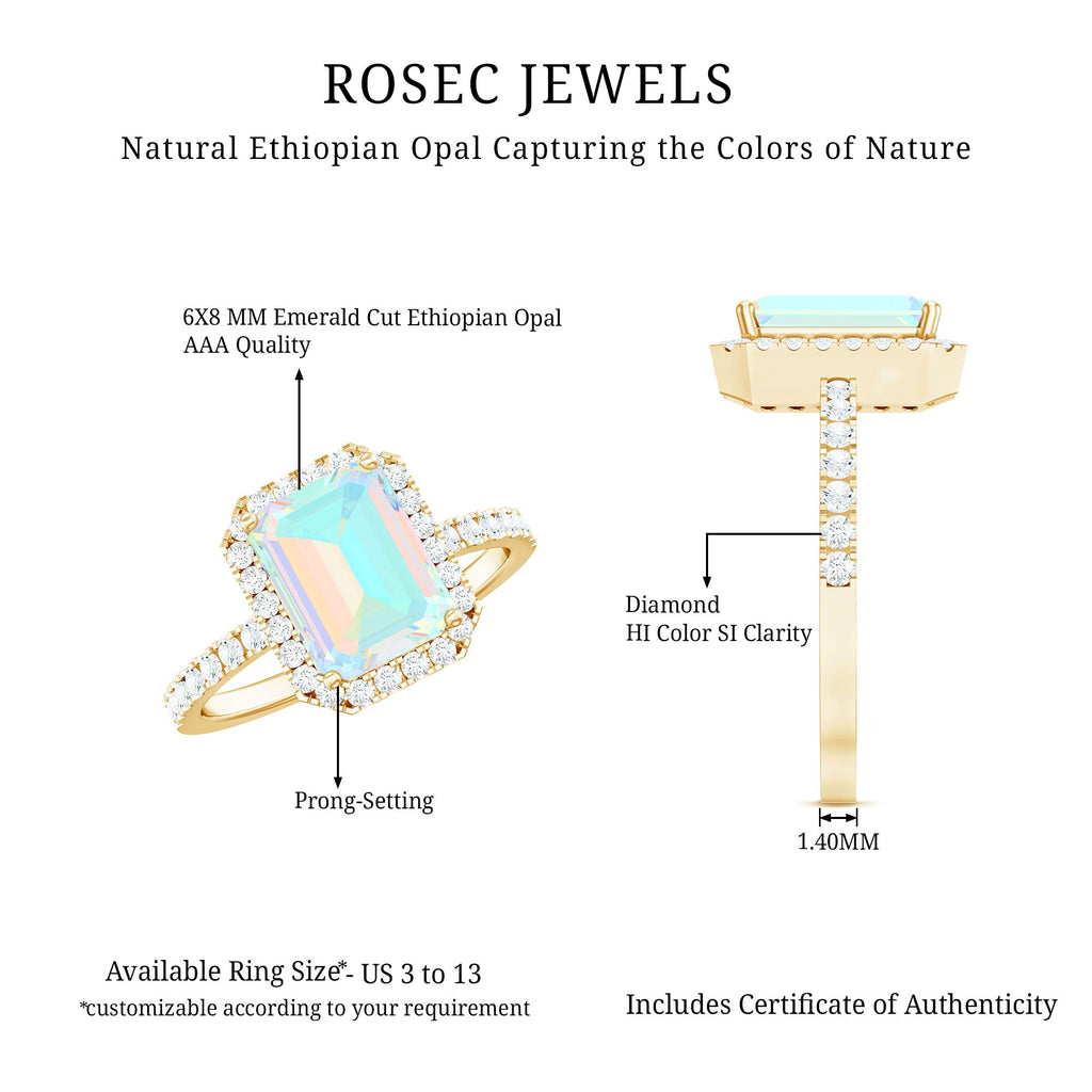Genuine 6X8mm Ethiopian Opal Emerald Cut Engagement Ring with Diamond Halo