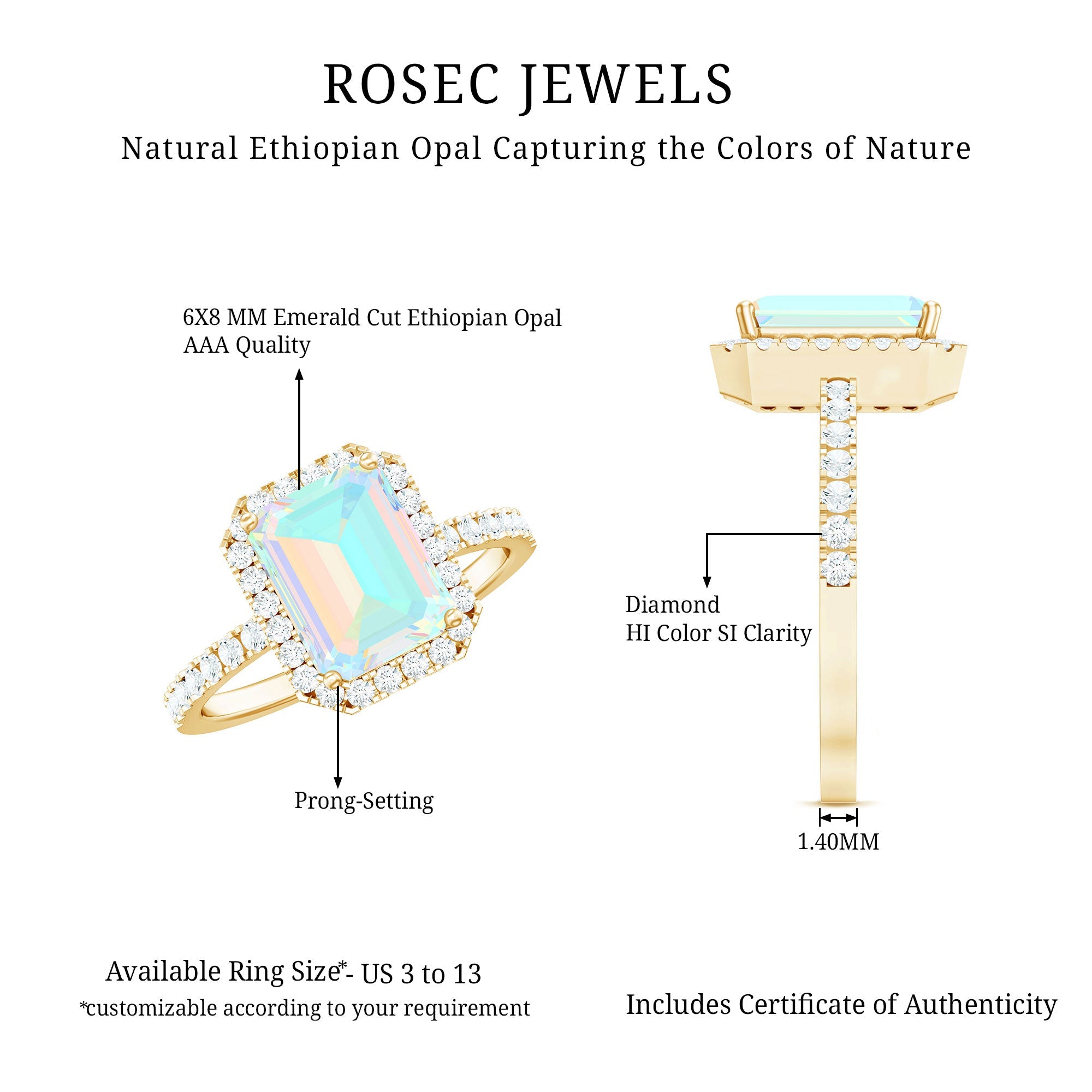 Genuine 6X8mm Ethiopian Opal Emerald Cut Engagement Ring with Diamond Halo