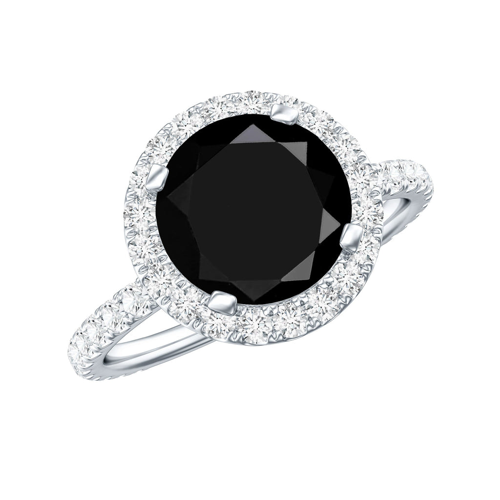 8mm Round Shape Black Onyx Engagement Ring with Diamond Halo
