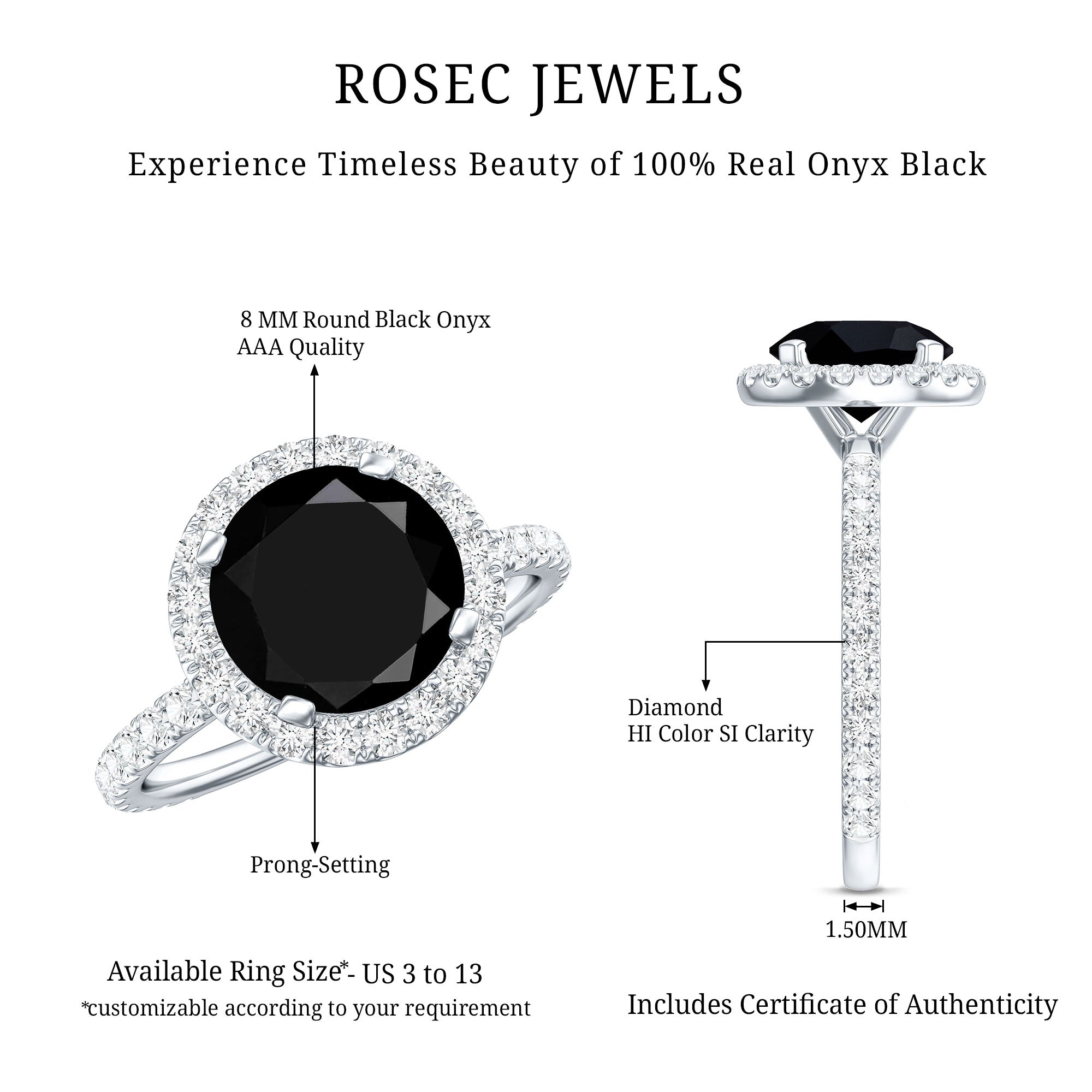 8mm Round Shape Black Onyx Engagement Ring with Diamond Halo