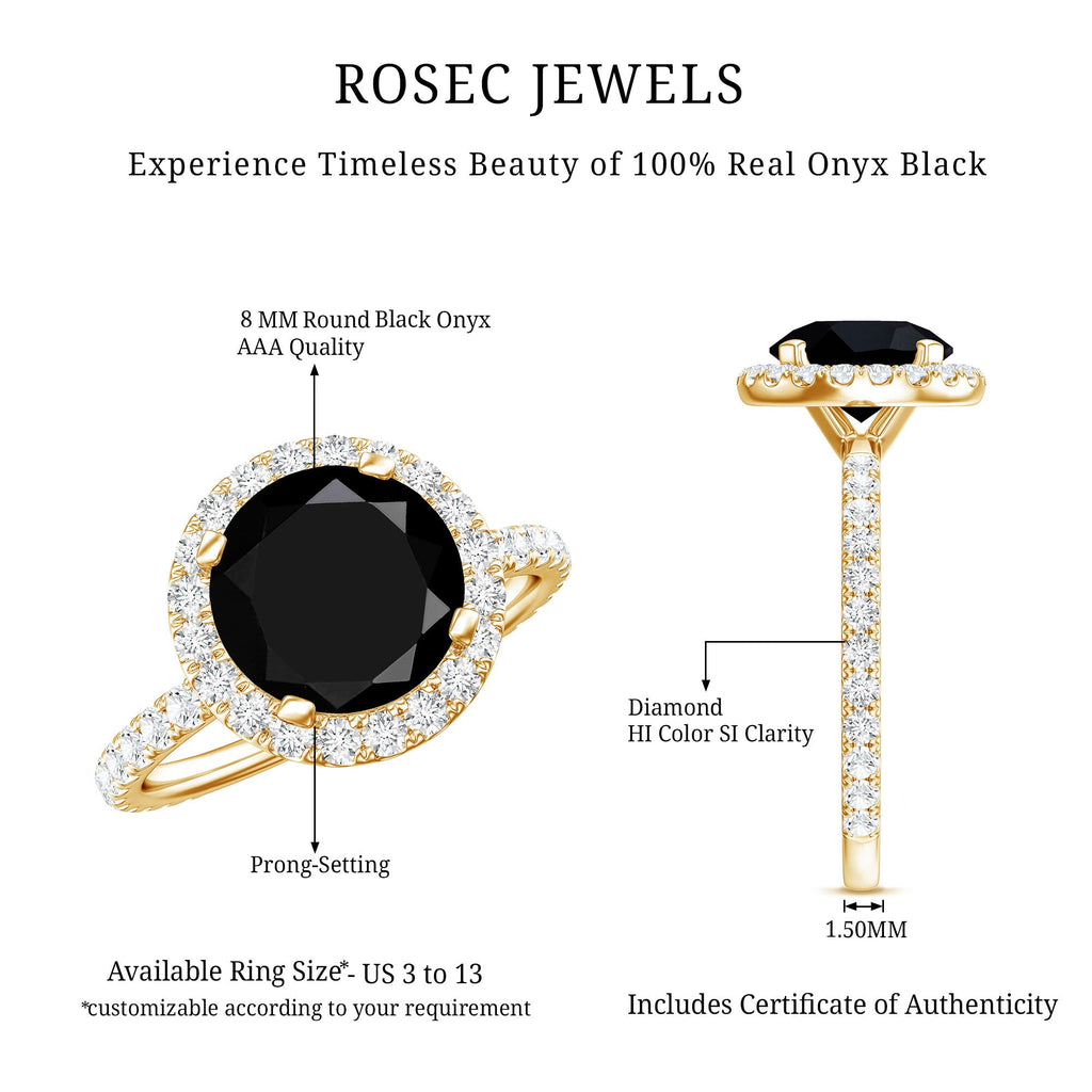 8mm Round Shape Black Onyx Engagement Ring with Diamond Halo