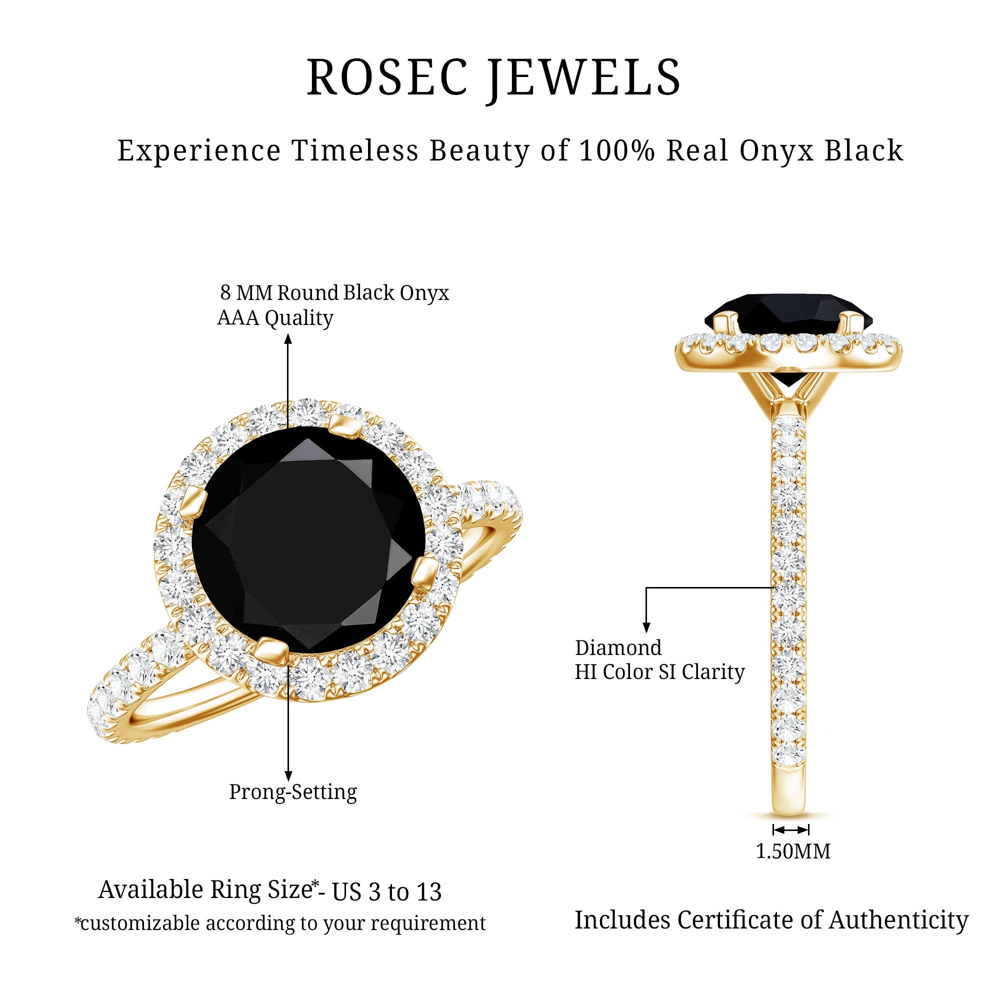 8mm Round Shape Black Onyx Engagement Ring with Diamond Halo