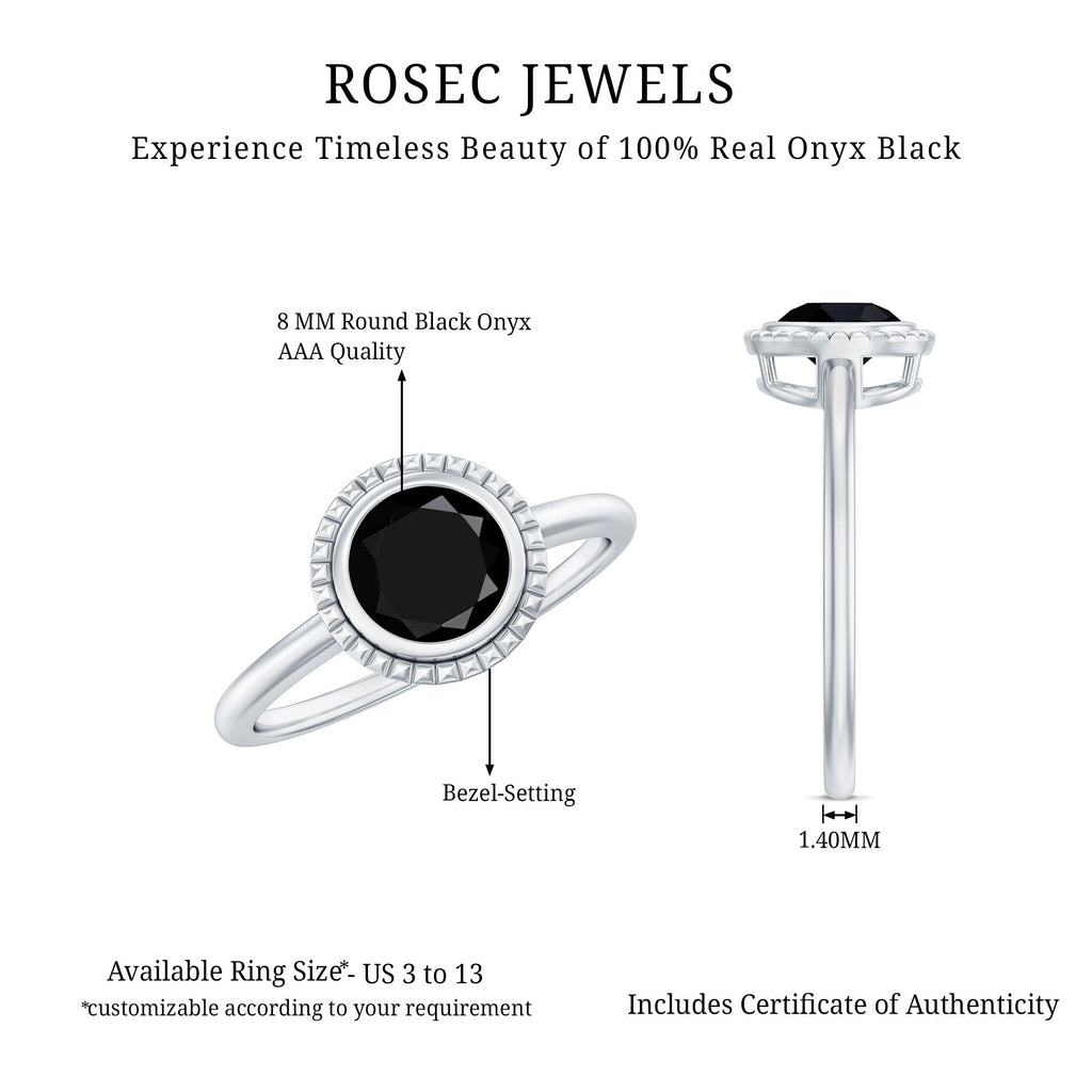 8mm Round Shape Black Onyx Solitaire Ring in Bezel Setting