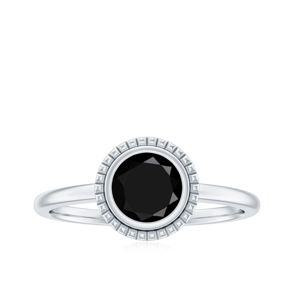 8mm Round Shape Black Onyx Solitaire Ring in Bezel Setting